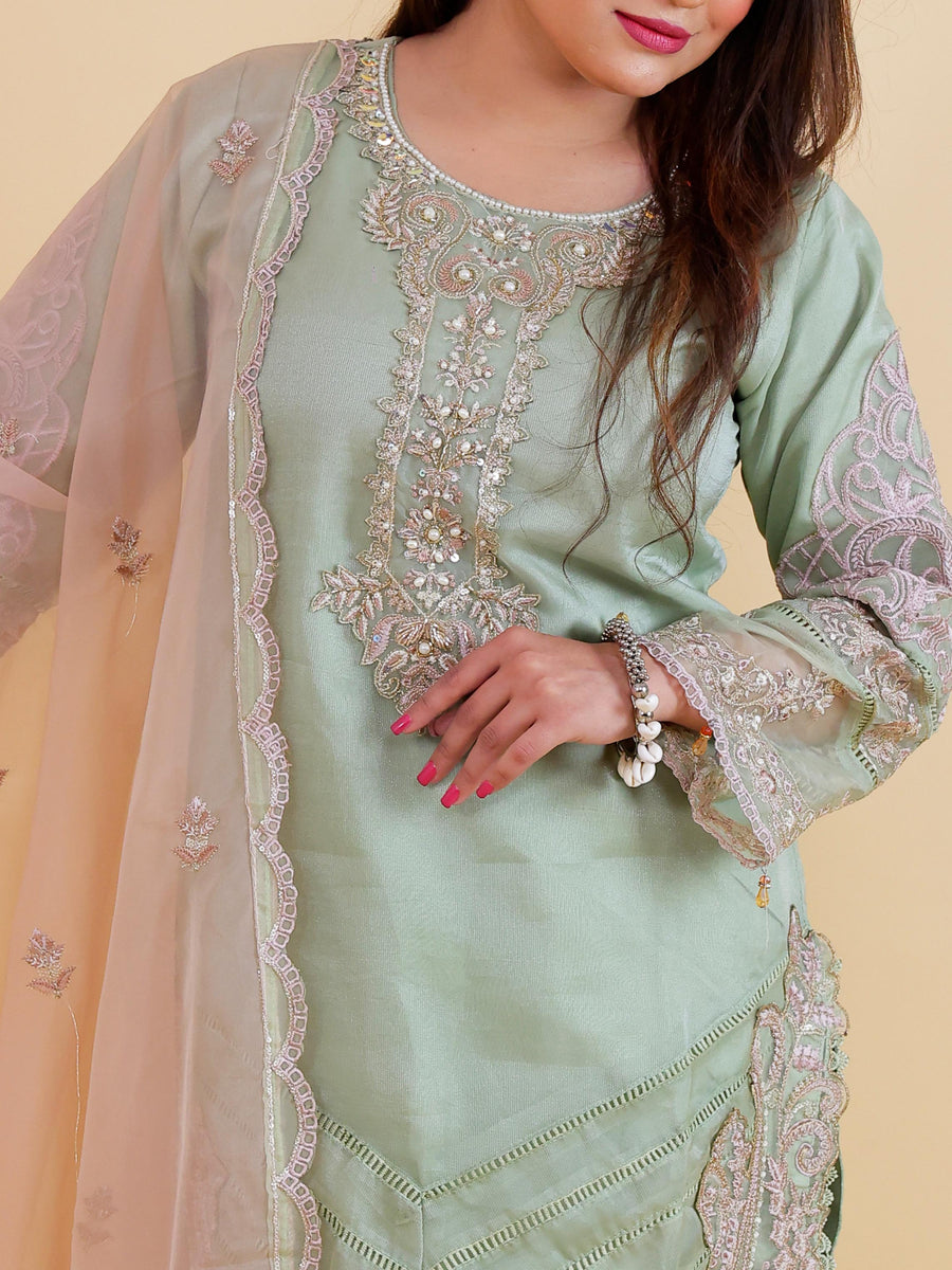 Green Pink Organza Duppatta Farshi Set