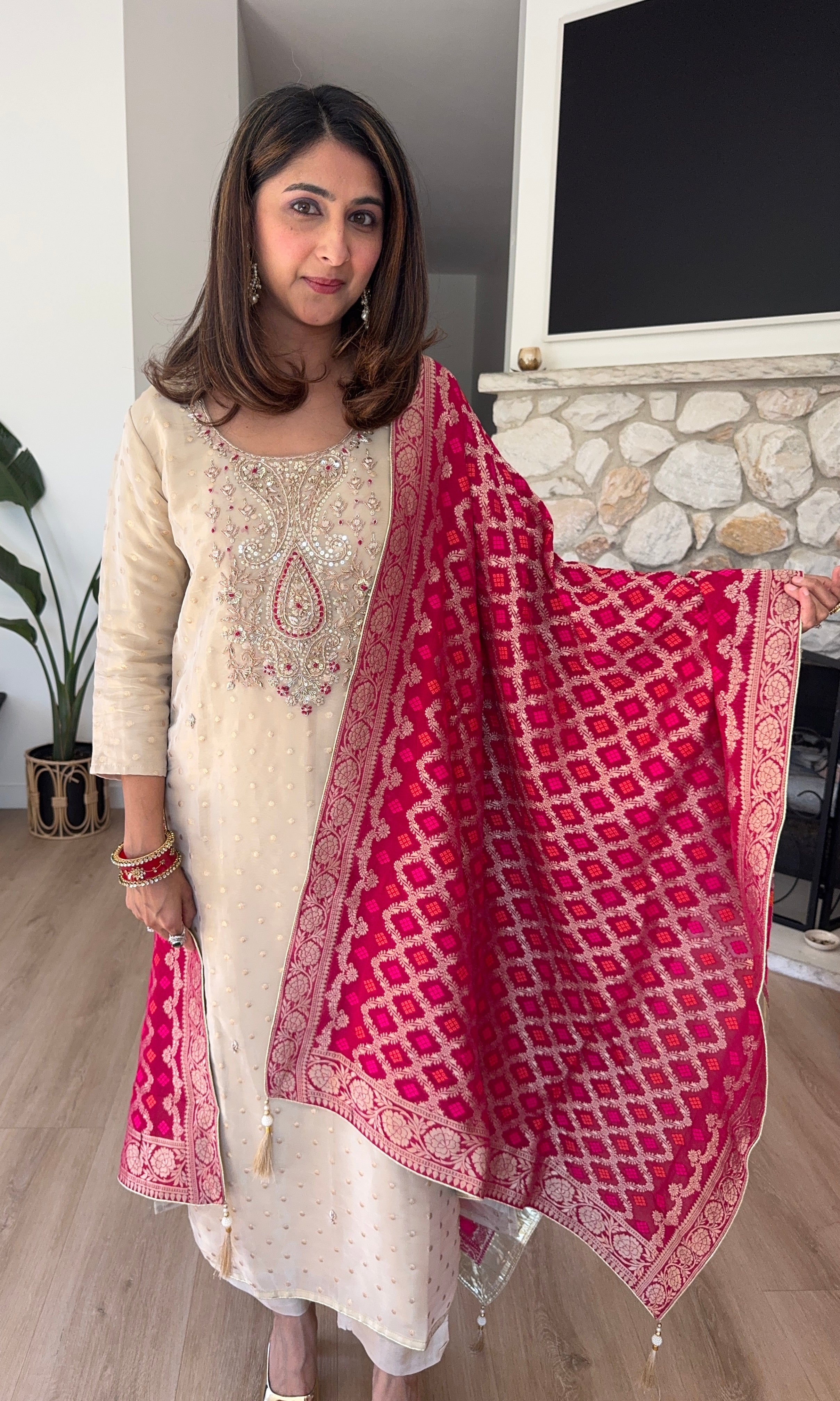 Light beige tissue silk kurta set with fuchsia pink banarasi khadi dupatta