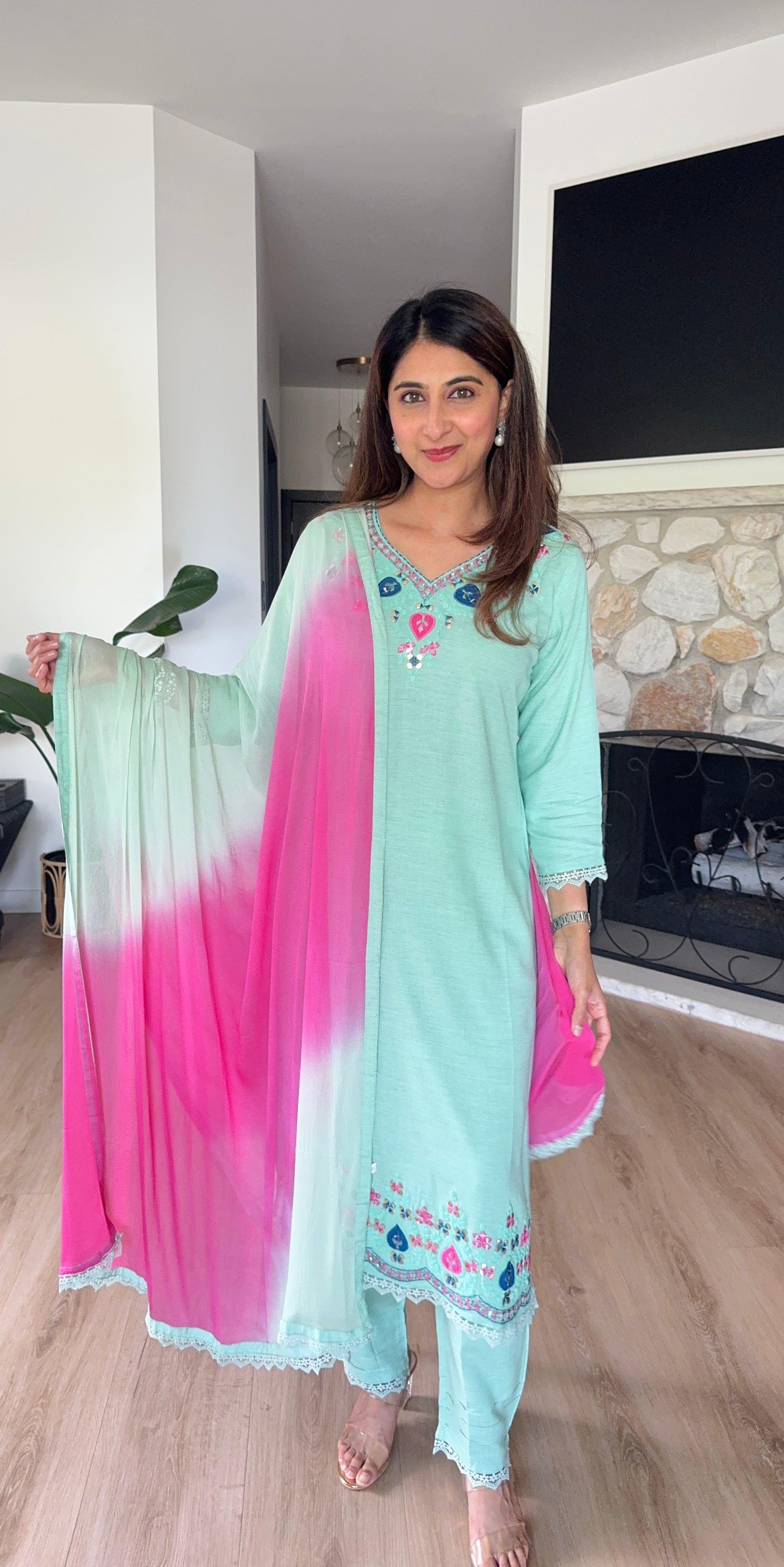 Turquoise green cotton kurta set with two tone dupatta