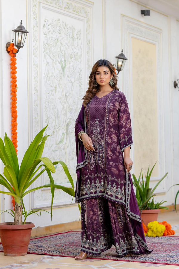 Deep mulberry crepe printed kurta and palazzo set