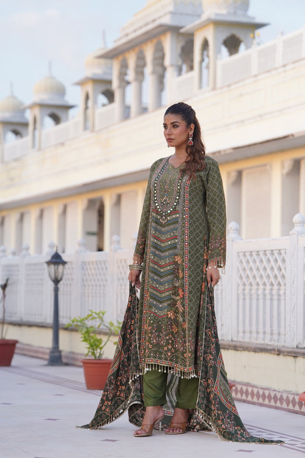 Dark olive green printed crepe A-line kurta set with crepe dupatta