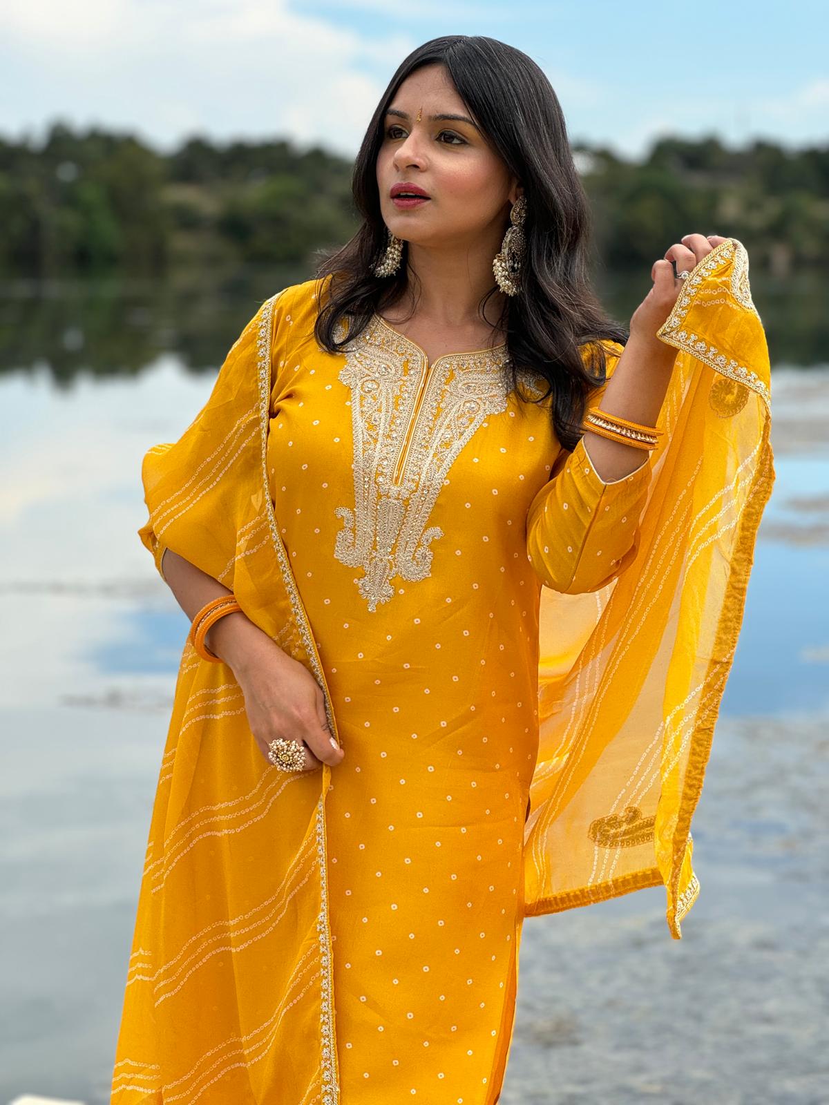 Mango yellow bandhni print paisely embroidered kurta set