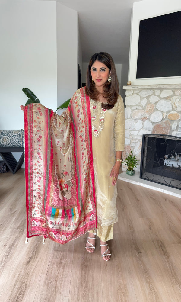 Beige shimmer silk kurta set with pink printed crepe dupatta