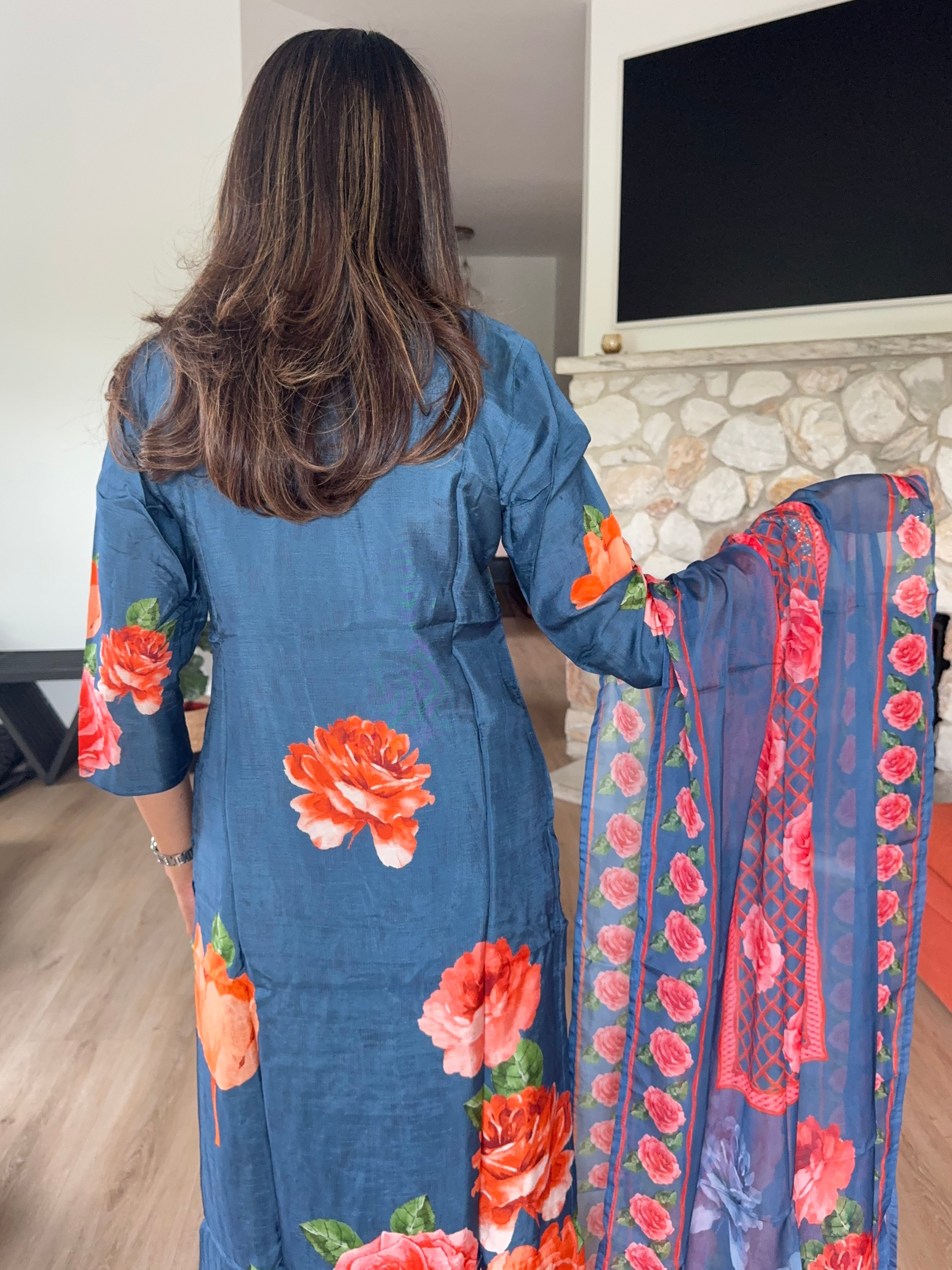 Cobalt blue muslin floral printed kurta set with organza dupatta