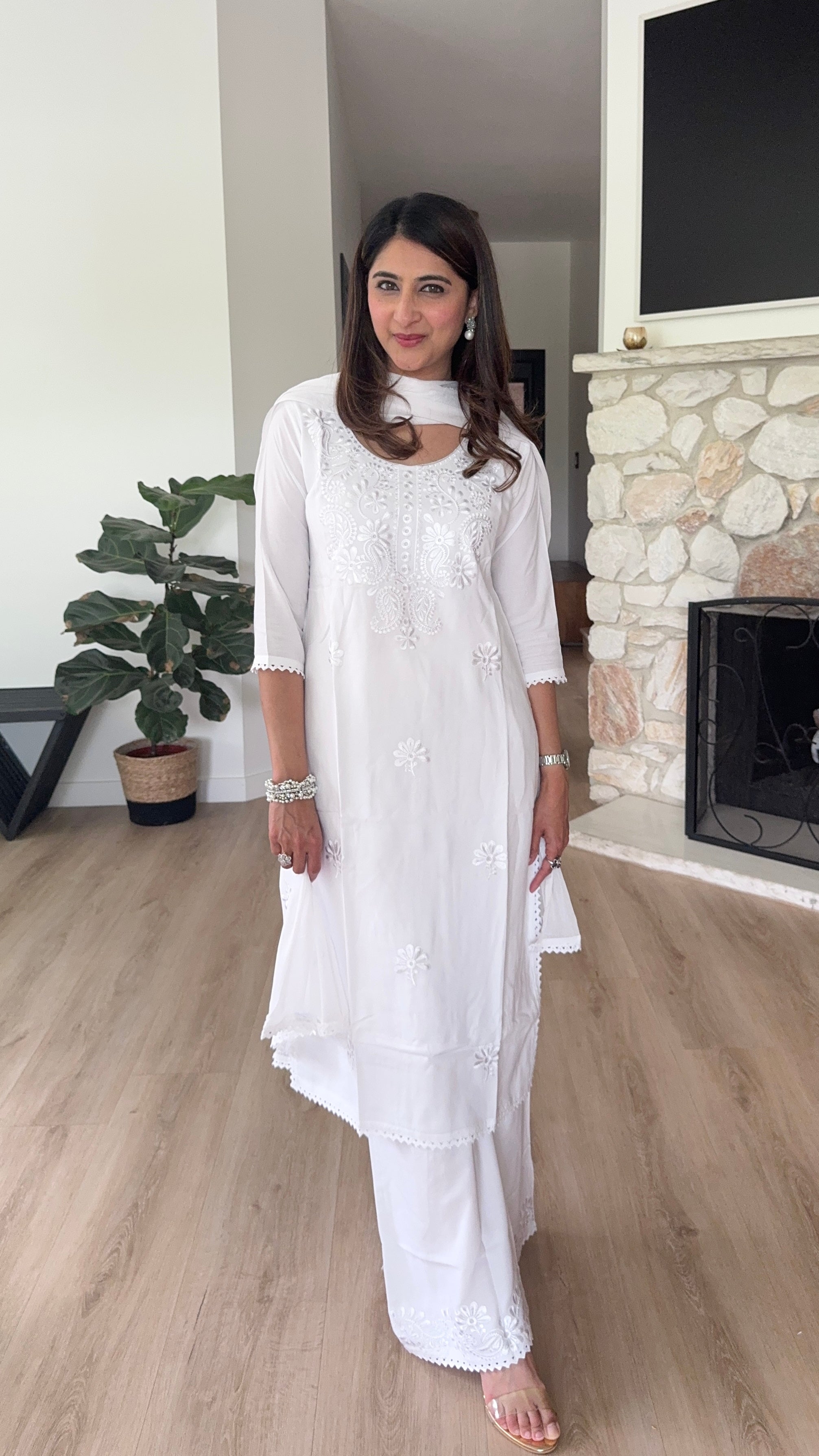 White rayon kurta and palazzo set with chiffon dupatta