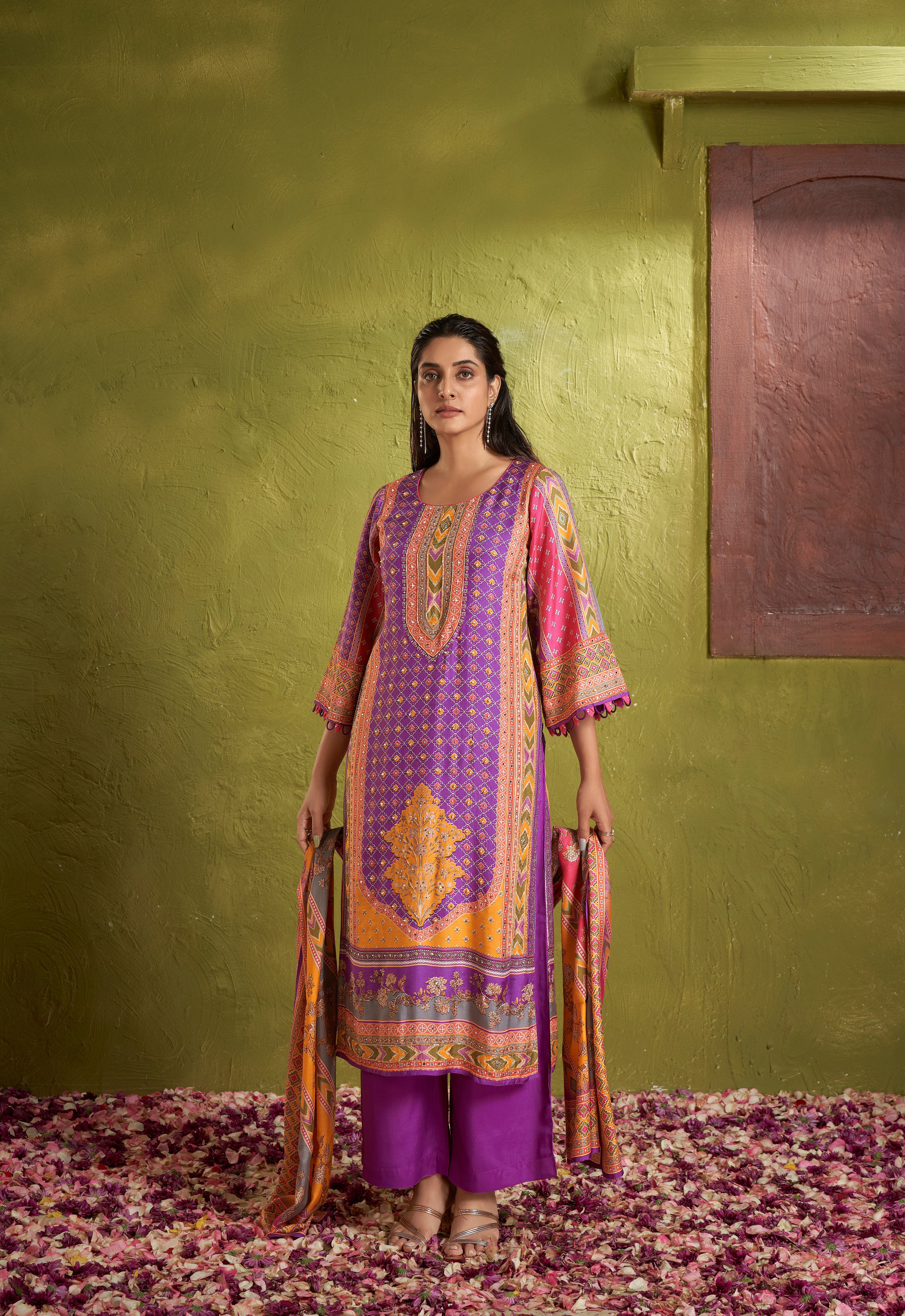 Purple multicolor kurta set with printed dupatta