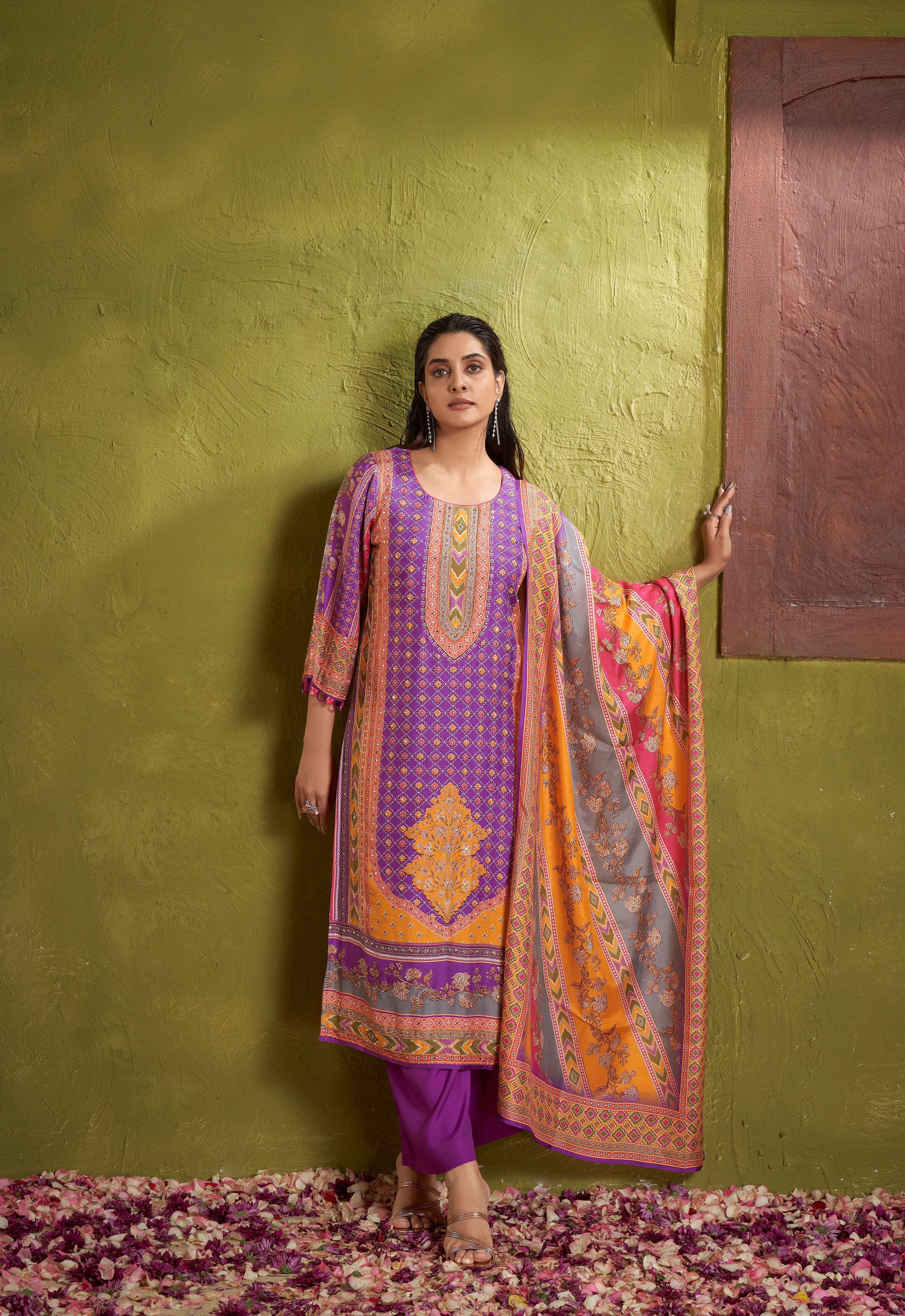 Purple multicolor kurta set with printed dupatta