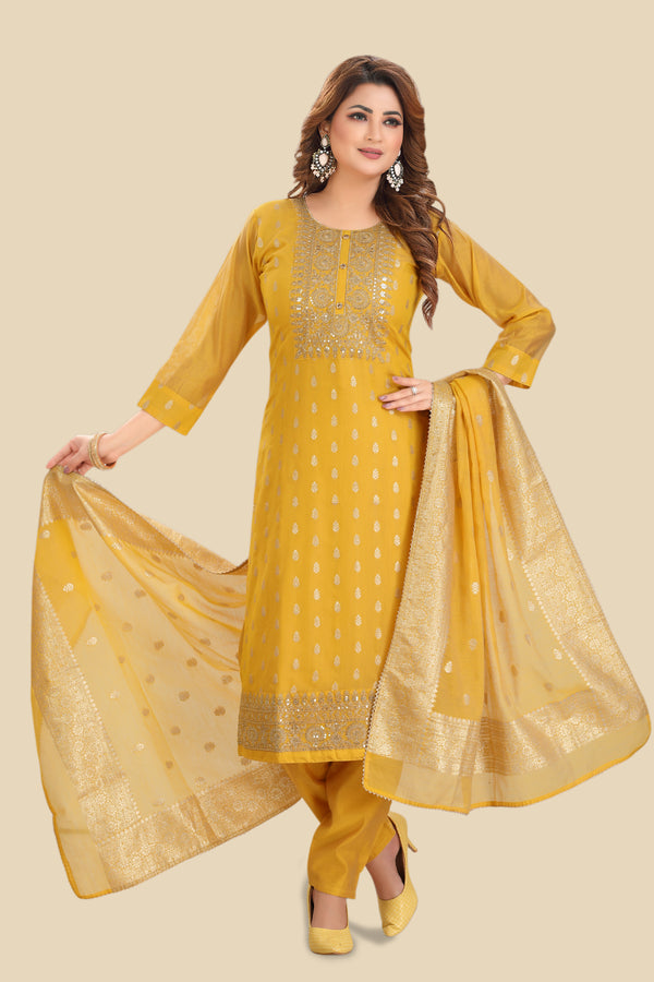 Bright yellow kurta set with banarasi dupatta