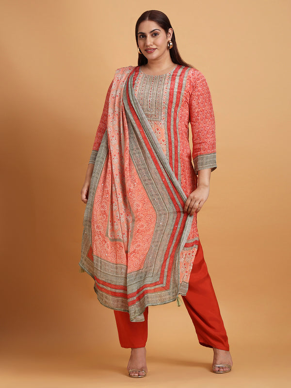 Orange pure crepe printed kurta set with printed dupatta