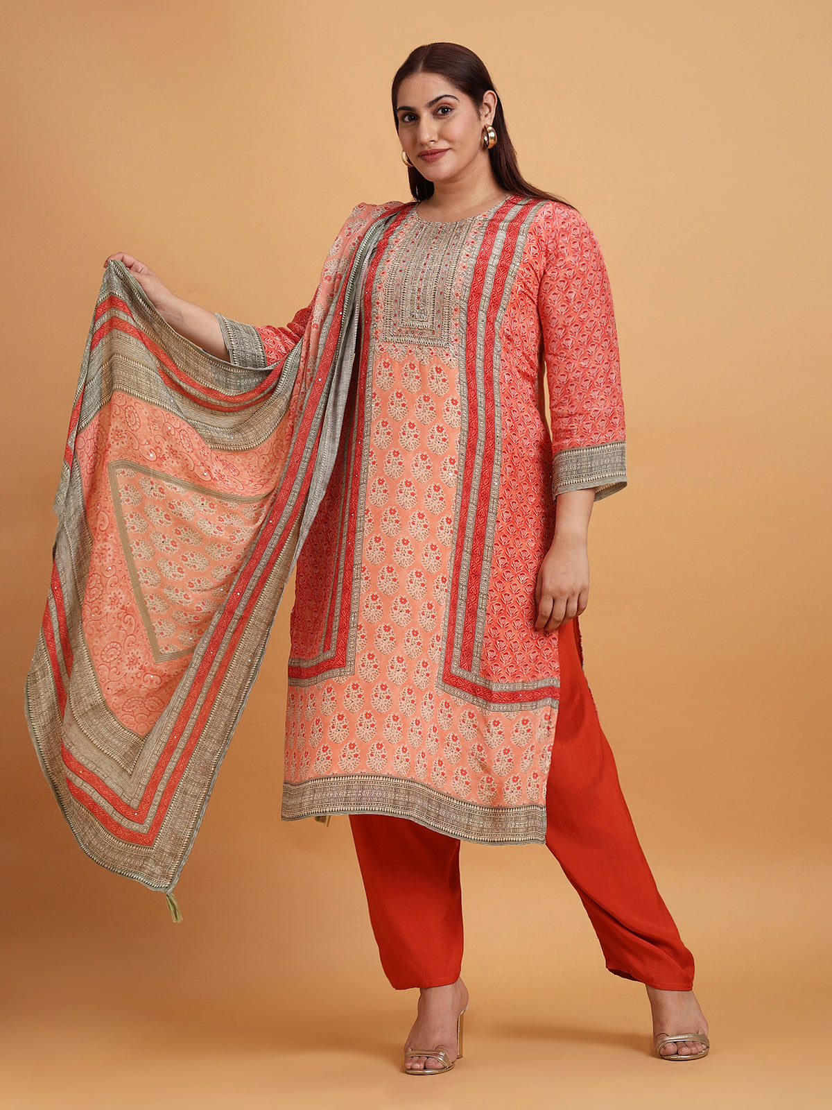 Orange pure crepe printed kurta set with printed dupatta