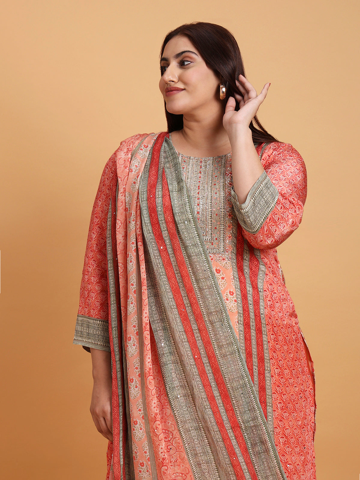 Orange pure crepe printed kurta set with printed dupatta