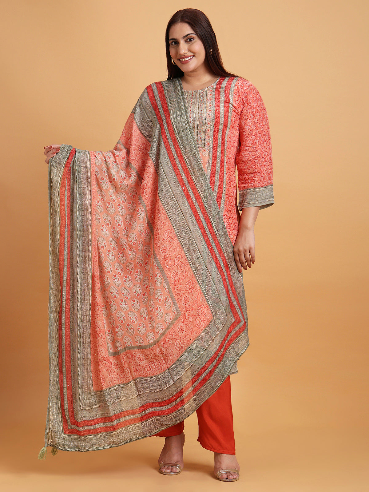 Orange pure crepe printed kurta set with printed dupatta