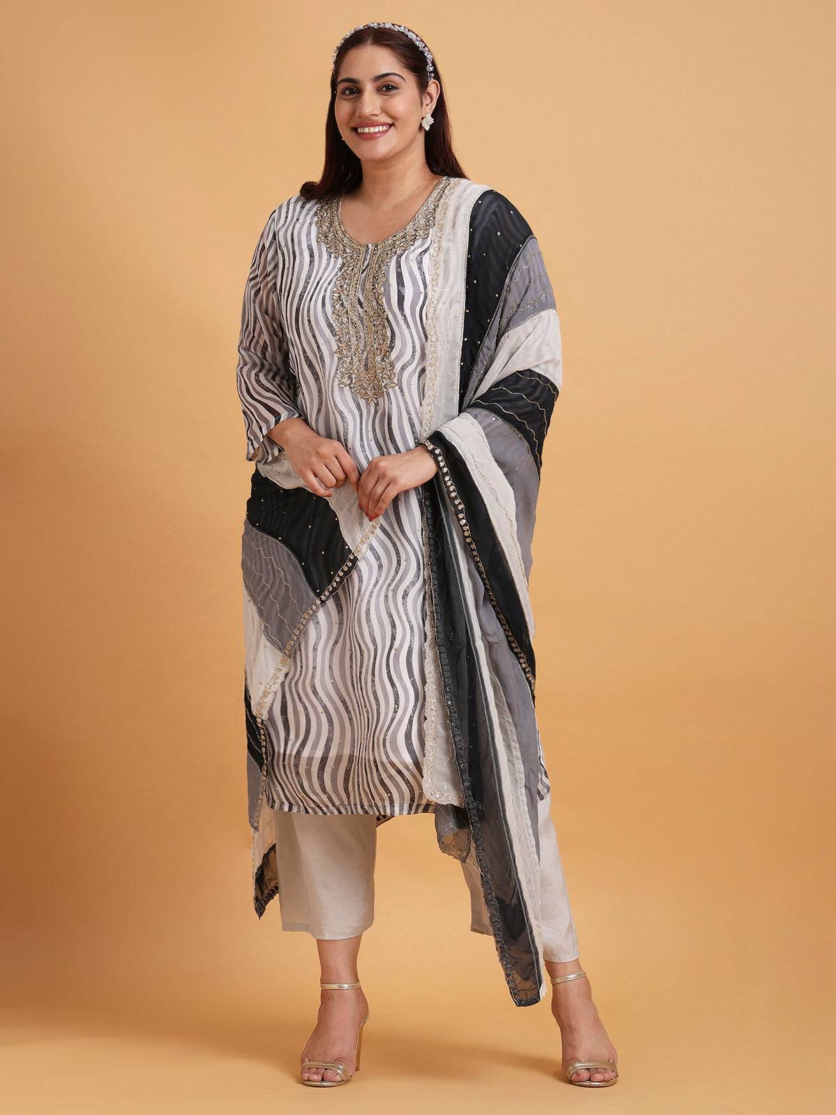 Black and white stripe embroidered kurta set