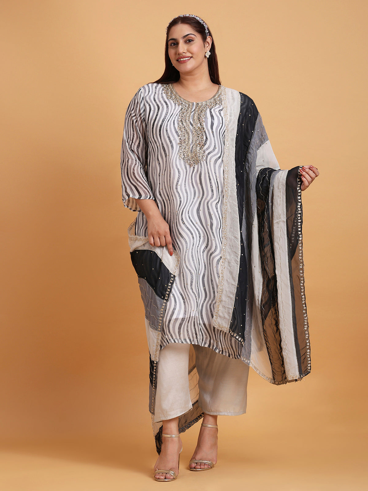 Black and white stripe embroidered kurta set