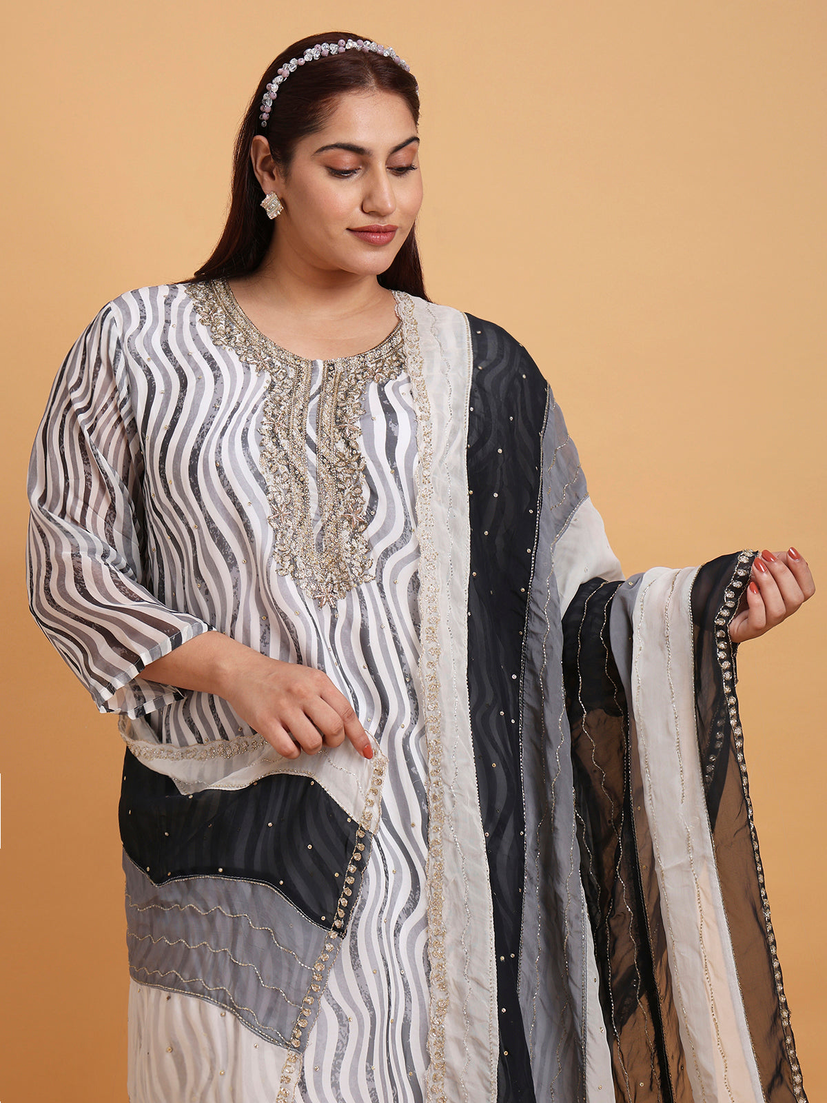 Black and white stripe embroidered kurta set