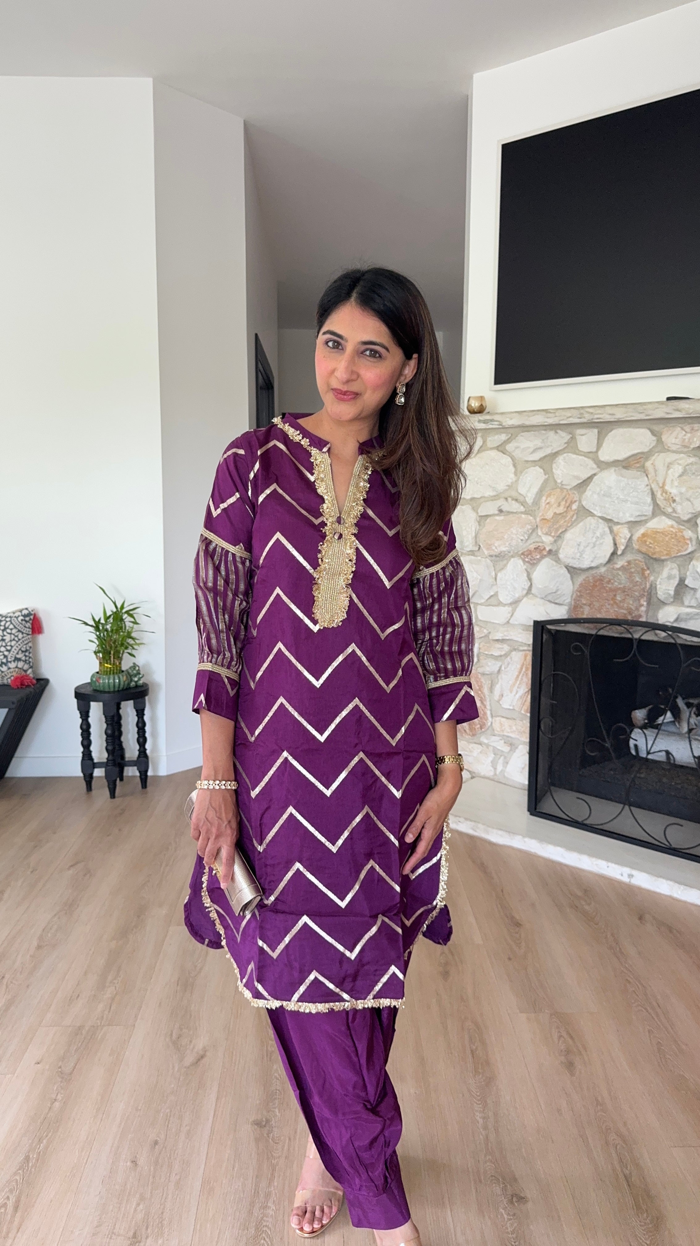 Wine Chevron Kurta With Pathani Pant