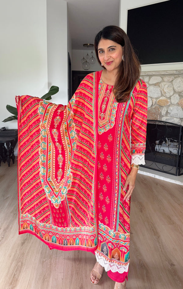 Bright red printed muslin kurta set with lace detailing