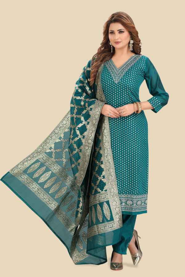 Bright teal kurta set with banarasi dupatta