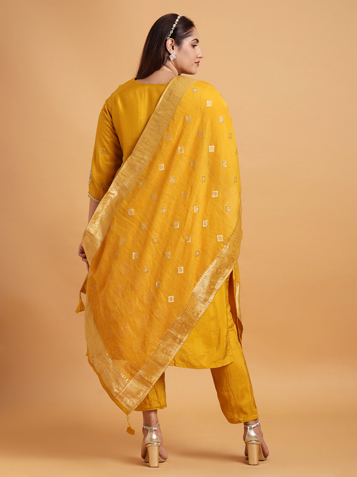 Yellow kurta with yellow woven dupatta and motif