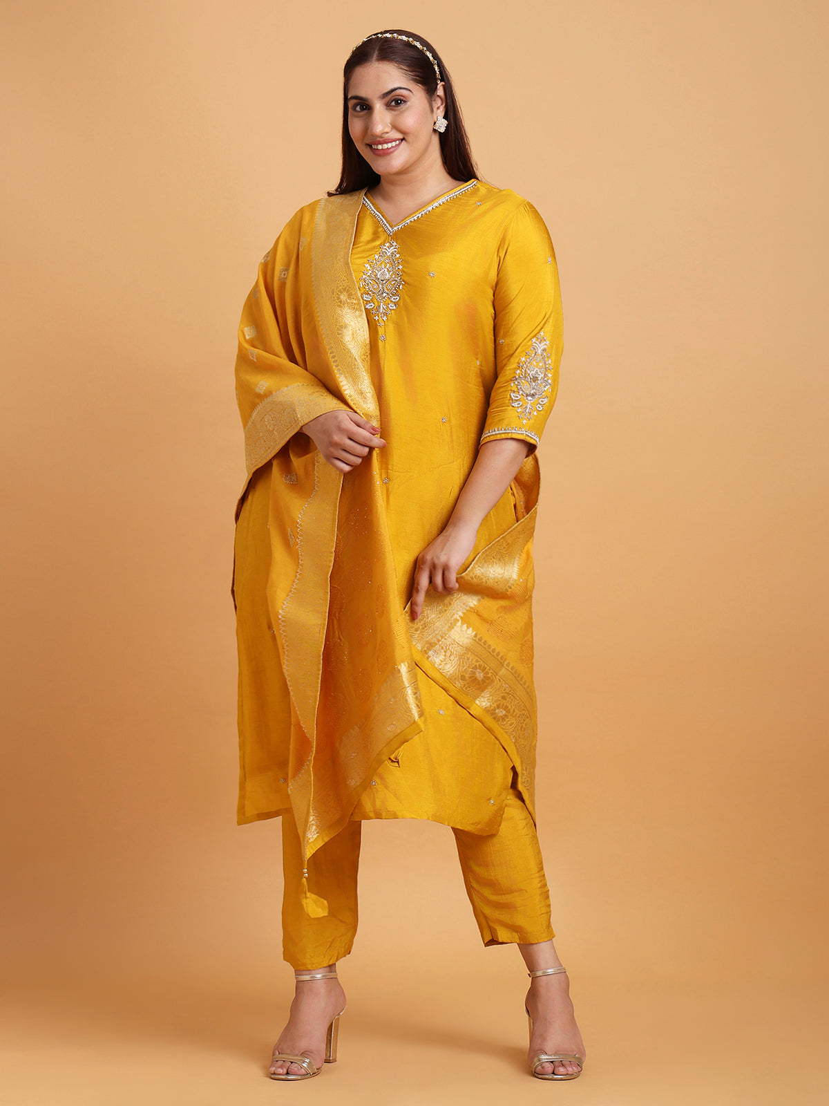 Yellow kurta with yellow woven dupatta and motif