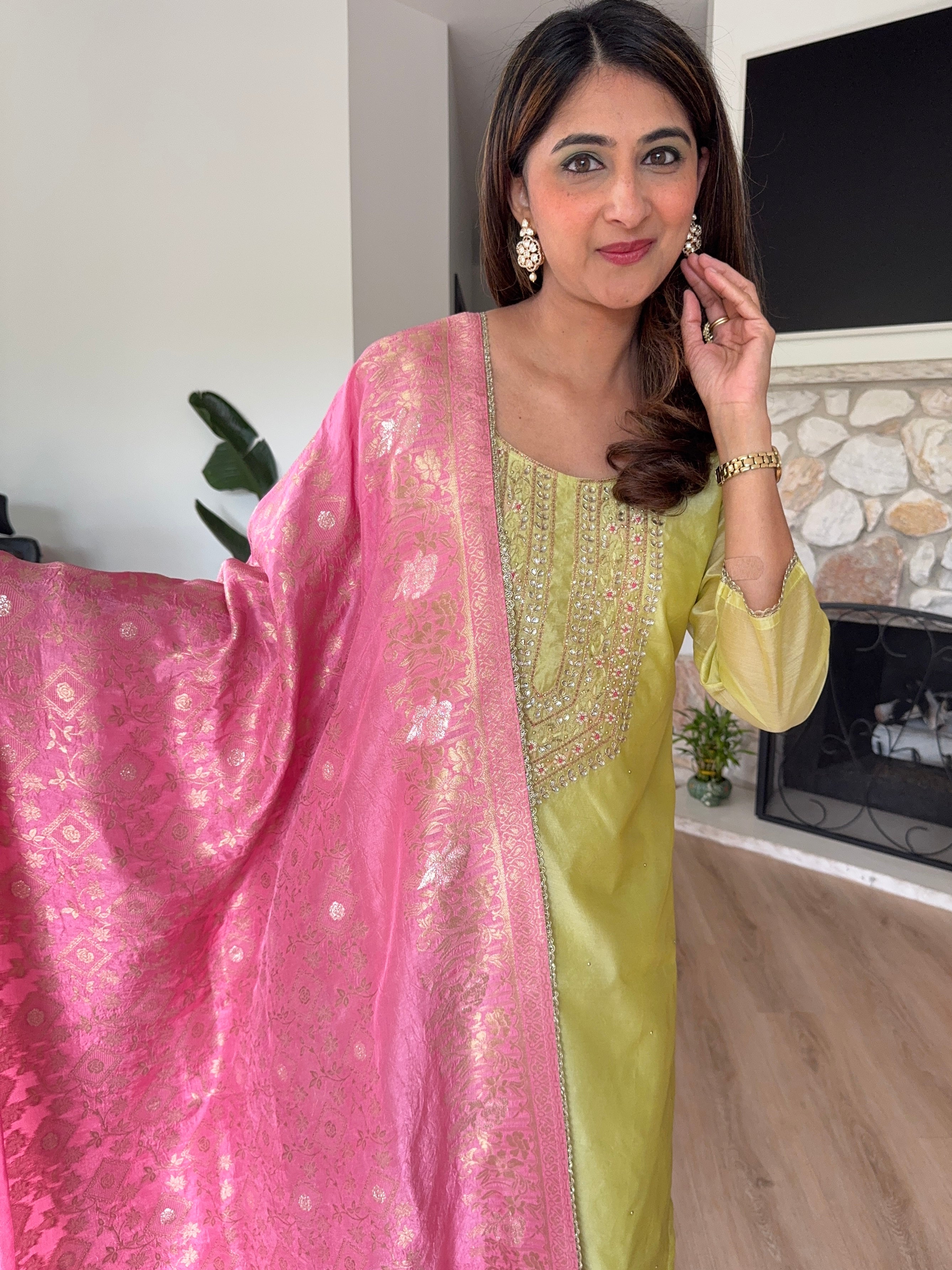 Lemon yellow chanderi silk kurta set with soft pink brocade dupatta
