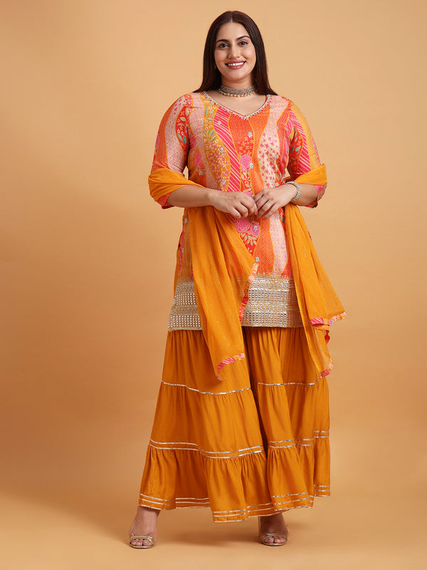 Orange and pink floral printed sharara set