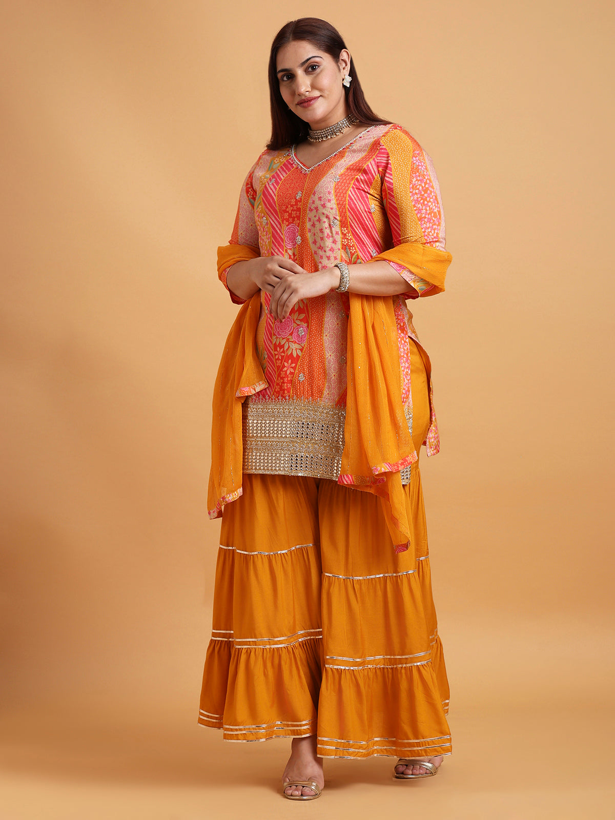 Orange and pink floral printed sharara set