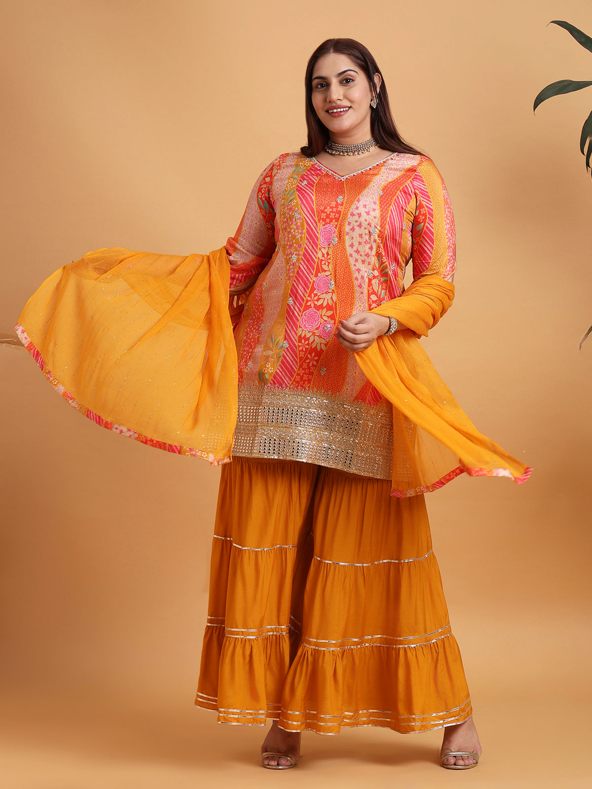 Orange and pink floral printed sharara set