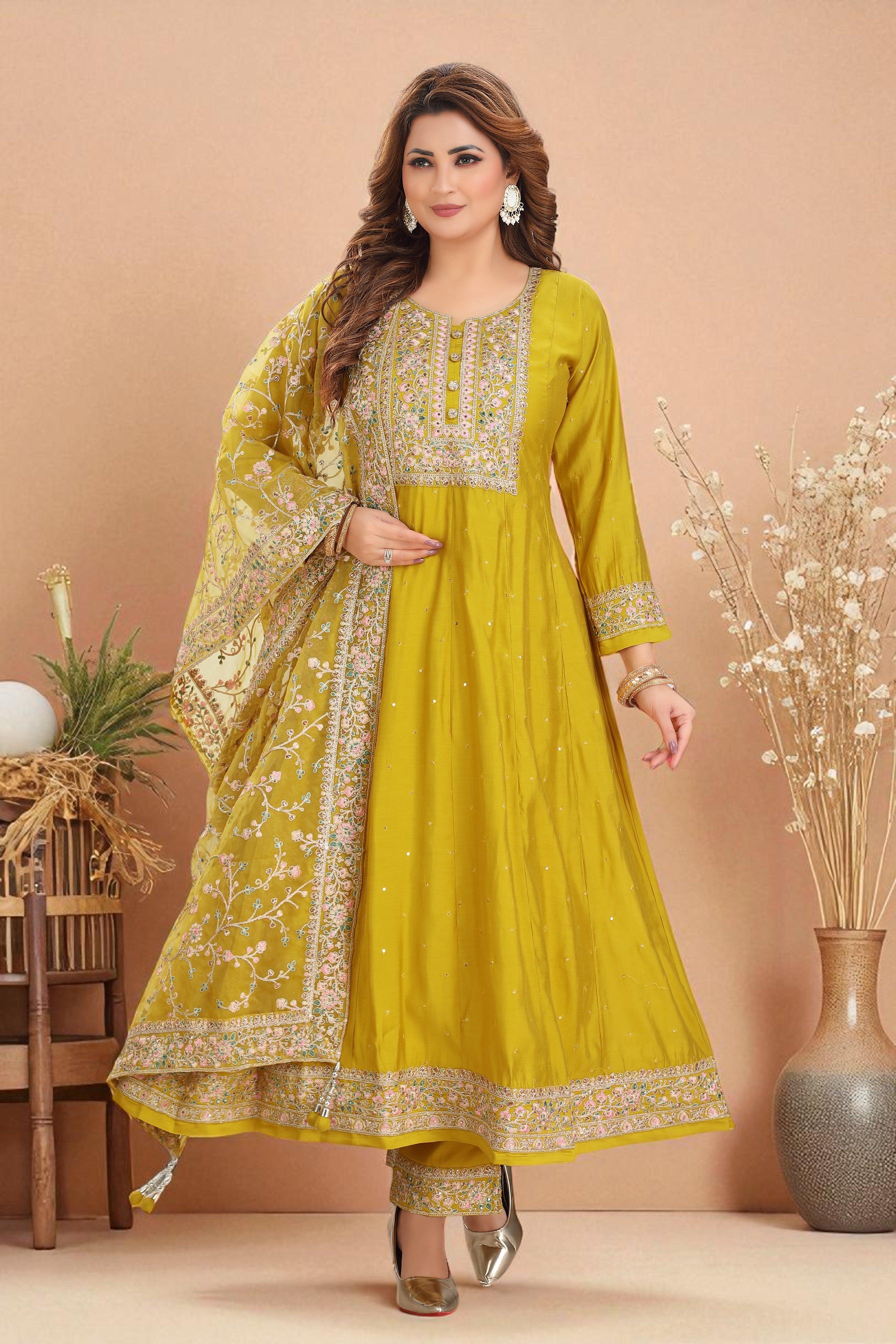 Mustard yellow silk blend floral embroidered anarkali set
