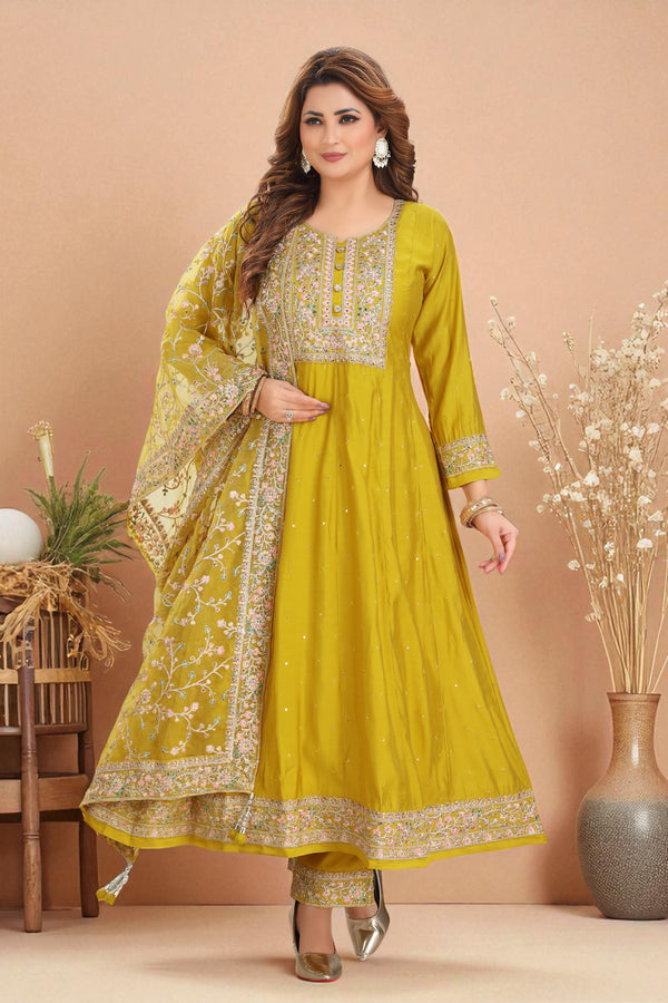 Mustard yellow silk blend floral embroidered anarkali set
