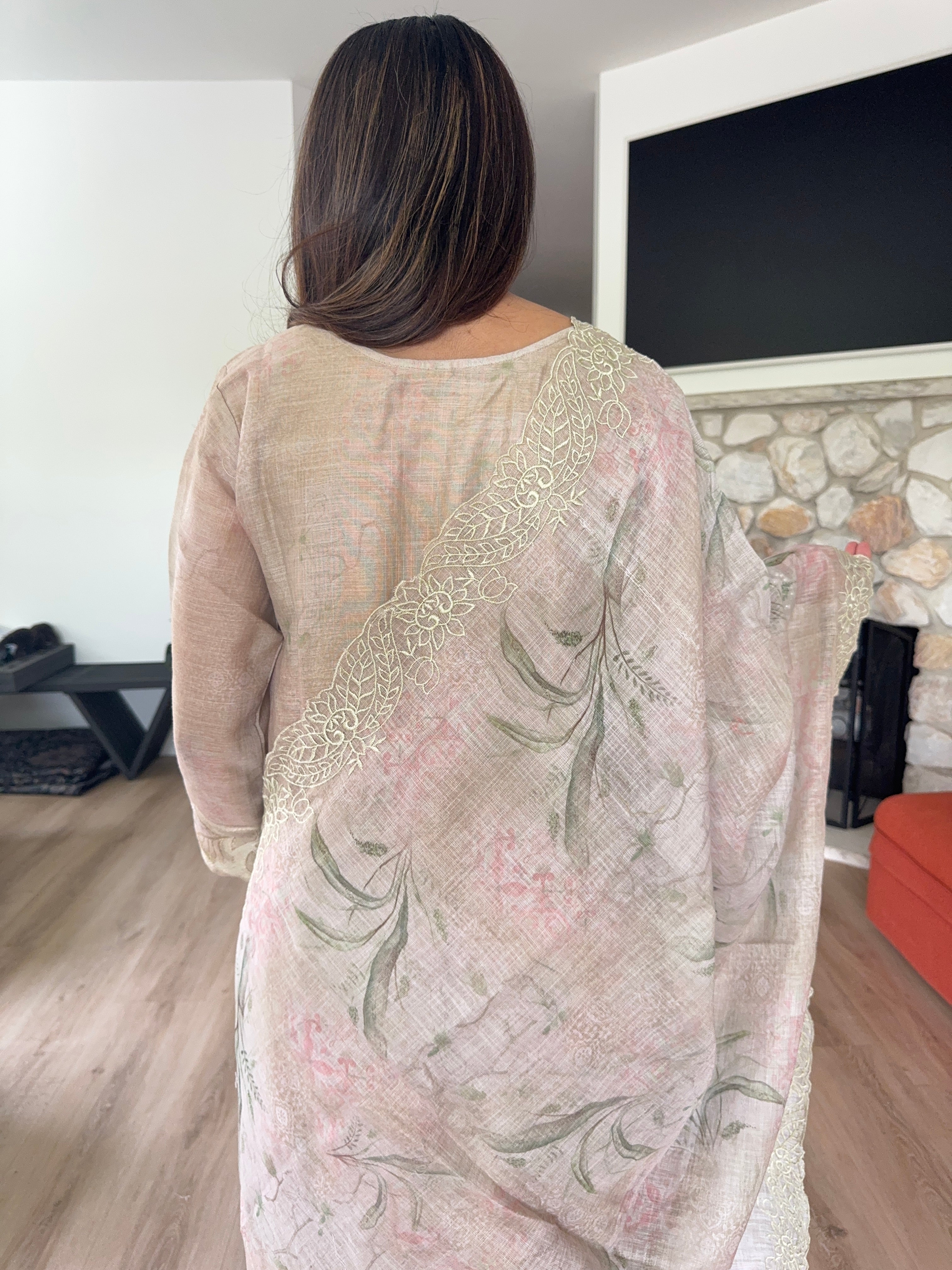 Light beige linen blend kurta set with cutwork dupatta