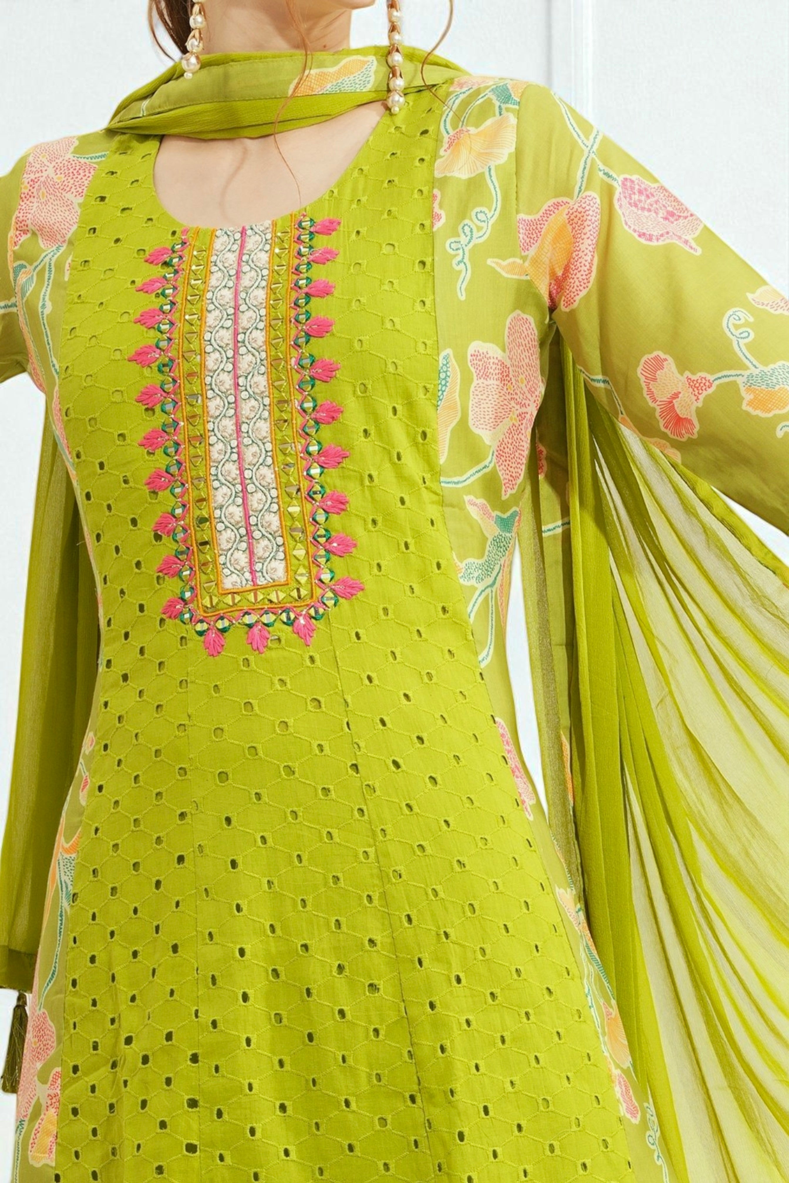 Lime green cotton eyelet anarkali kurta set with chiffon dupatta
