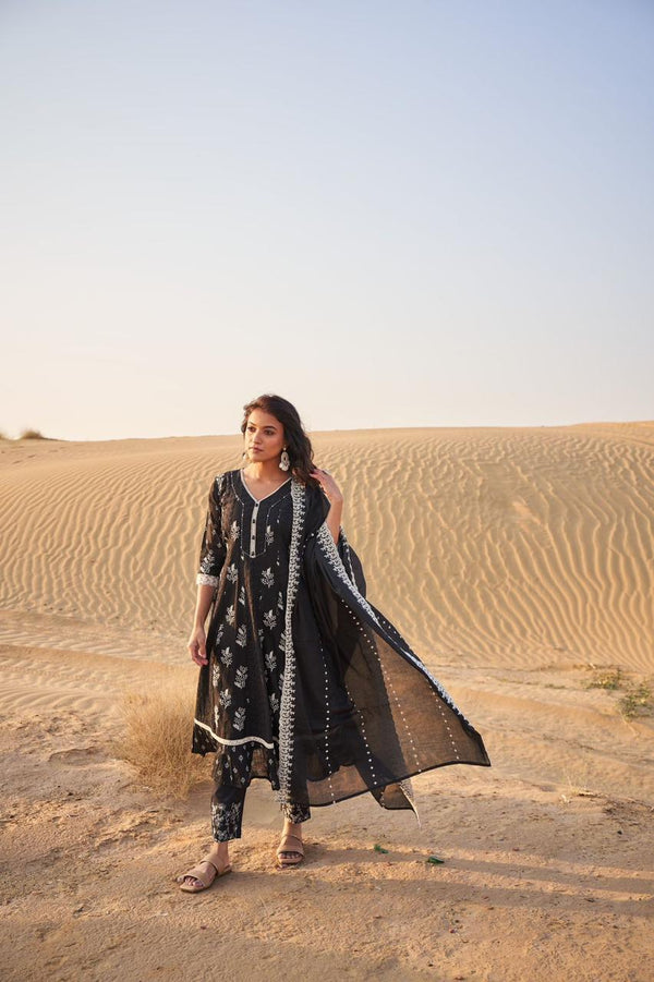 Black cotton eyelet anarkali kurta set with chiffon dupatta