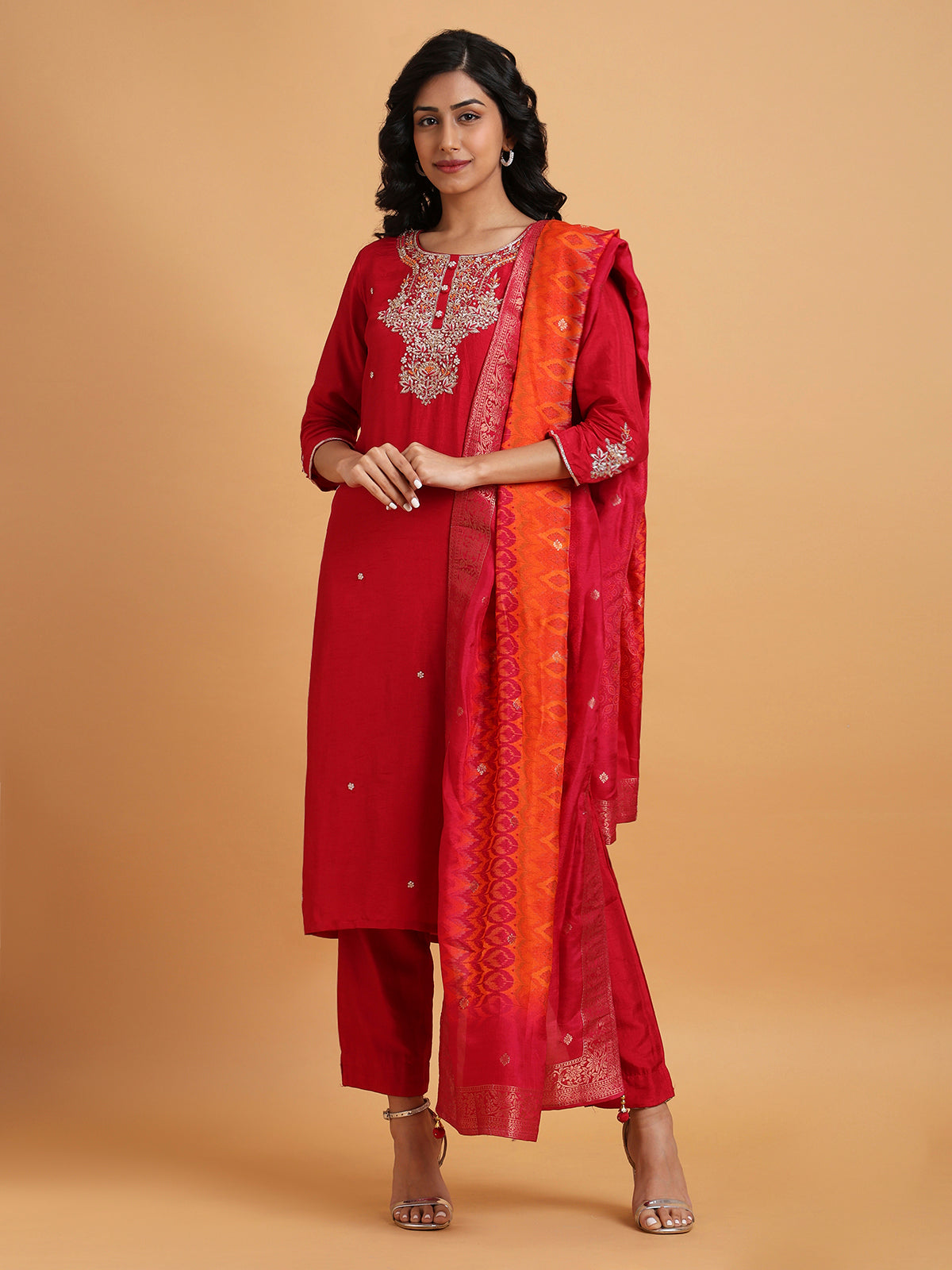 Red embroidered kurta set with orange printed dupatta