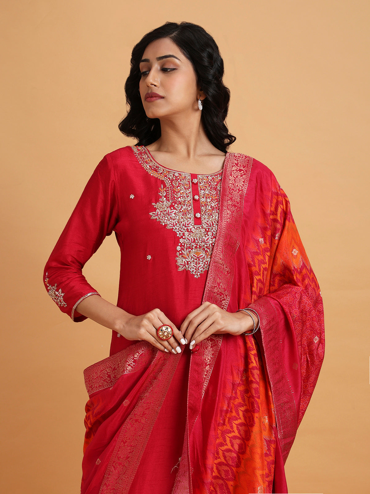 Red embroidered kurta set with orange printed dupatta