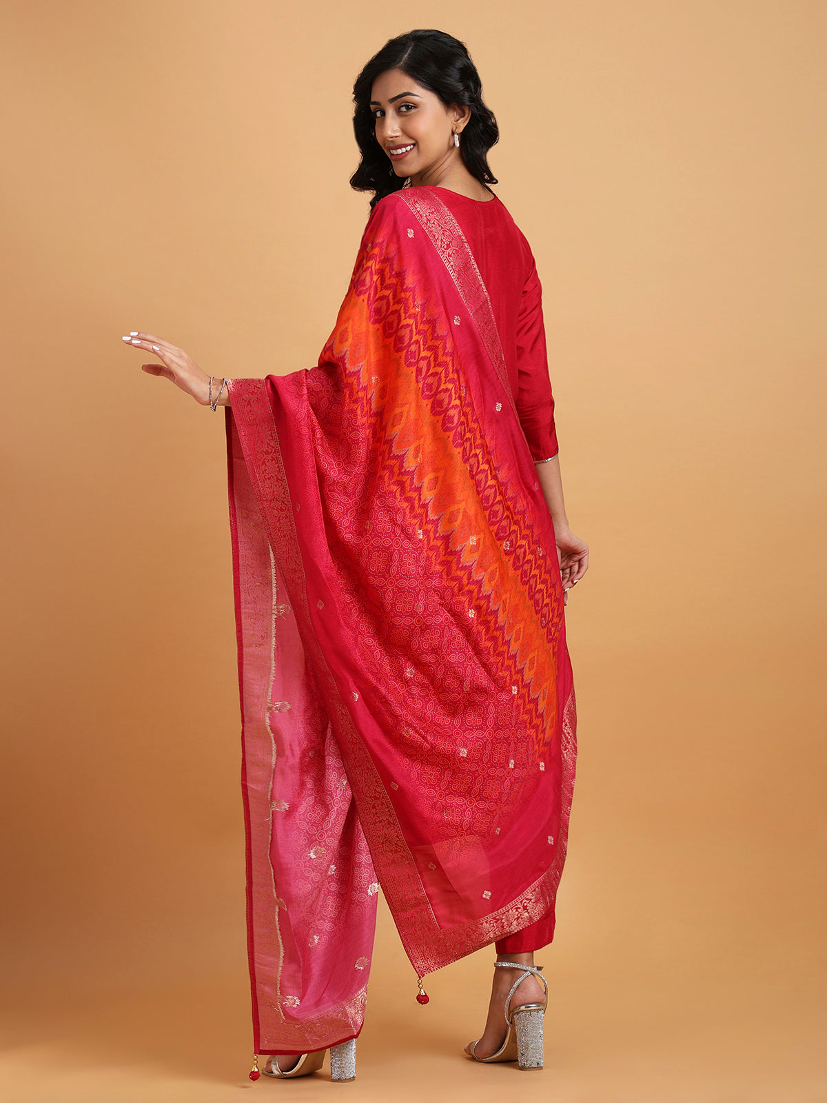 Red embroidered kurta set with orange printed dupatta