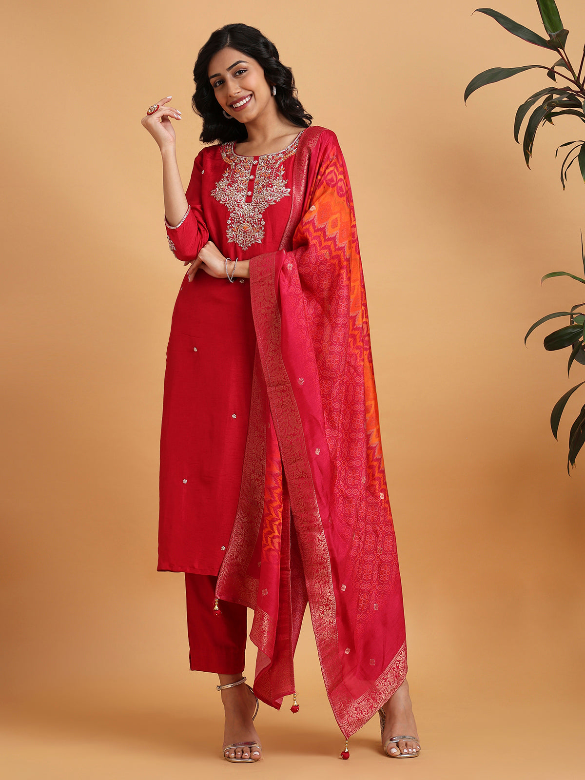 Red embroidered kurta set with orange printed dupatta