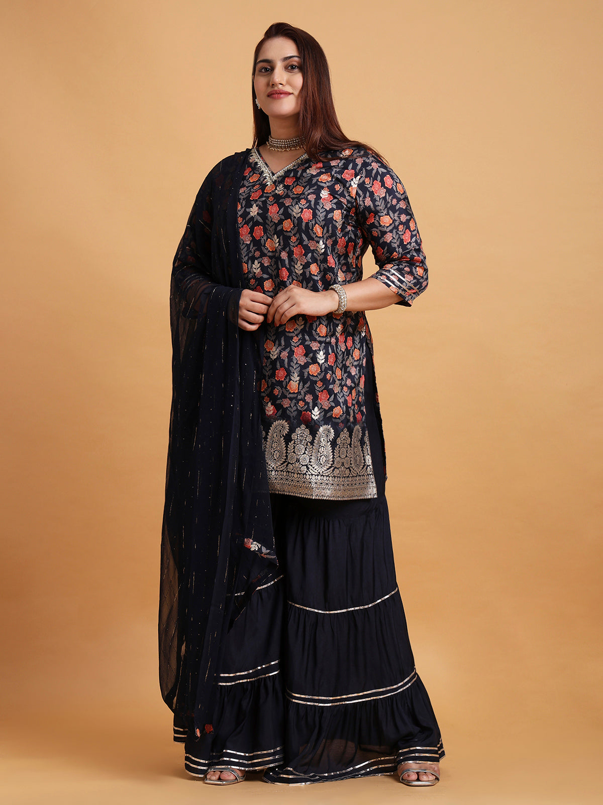 Navy blue floral printed sharara set