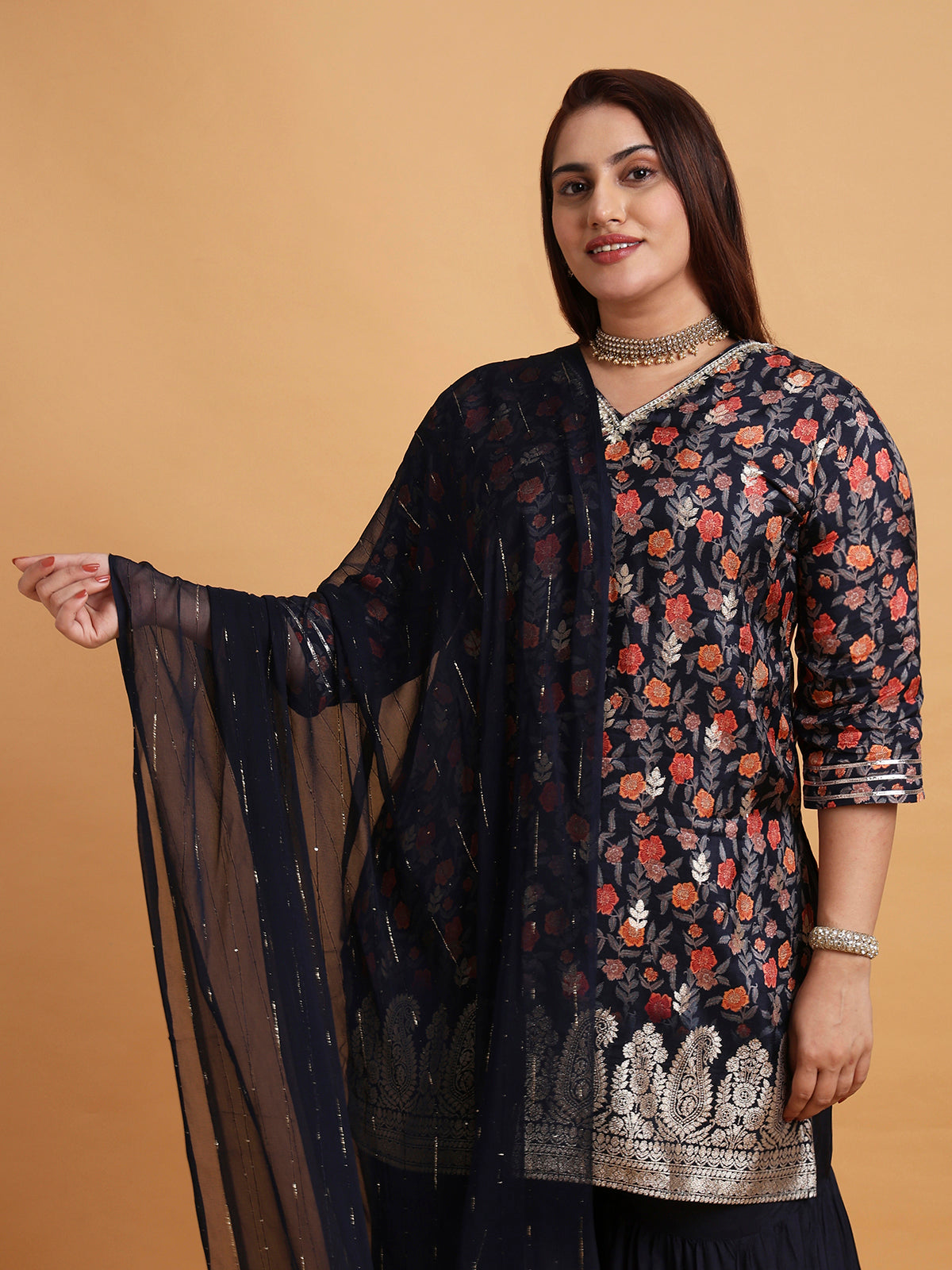 Navy blue floral printed sharara set