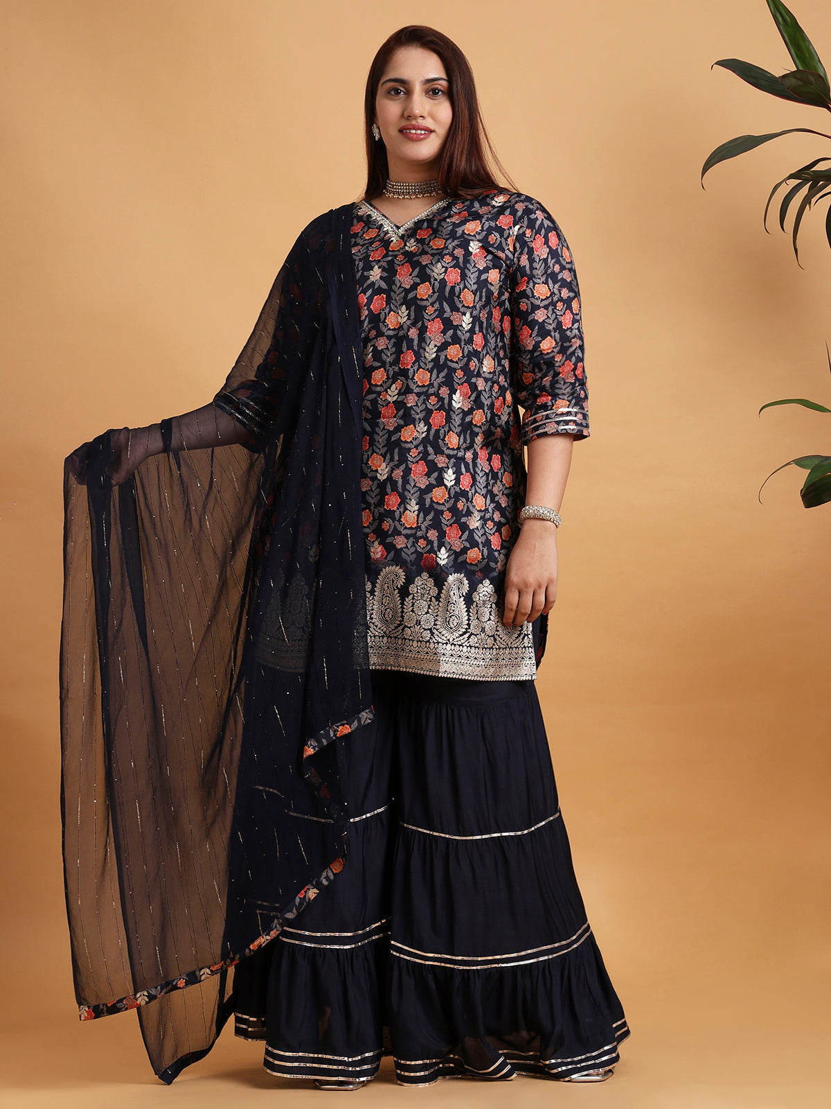 Navy blue floral printed sharara set