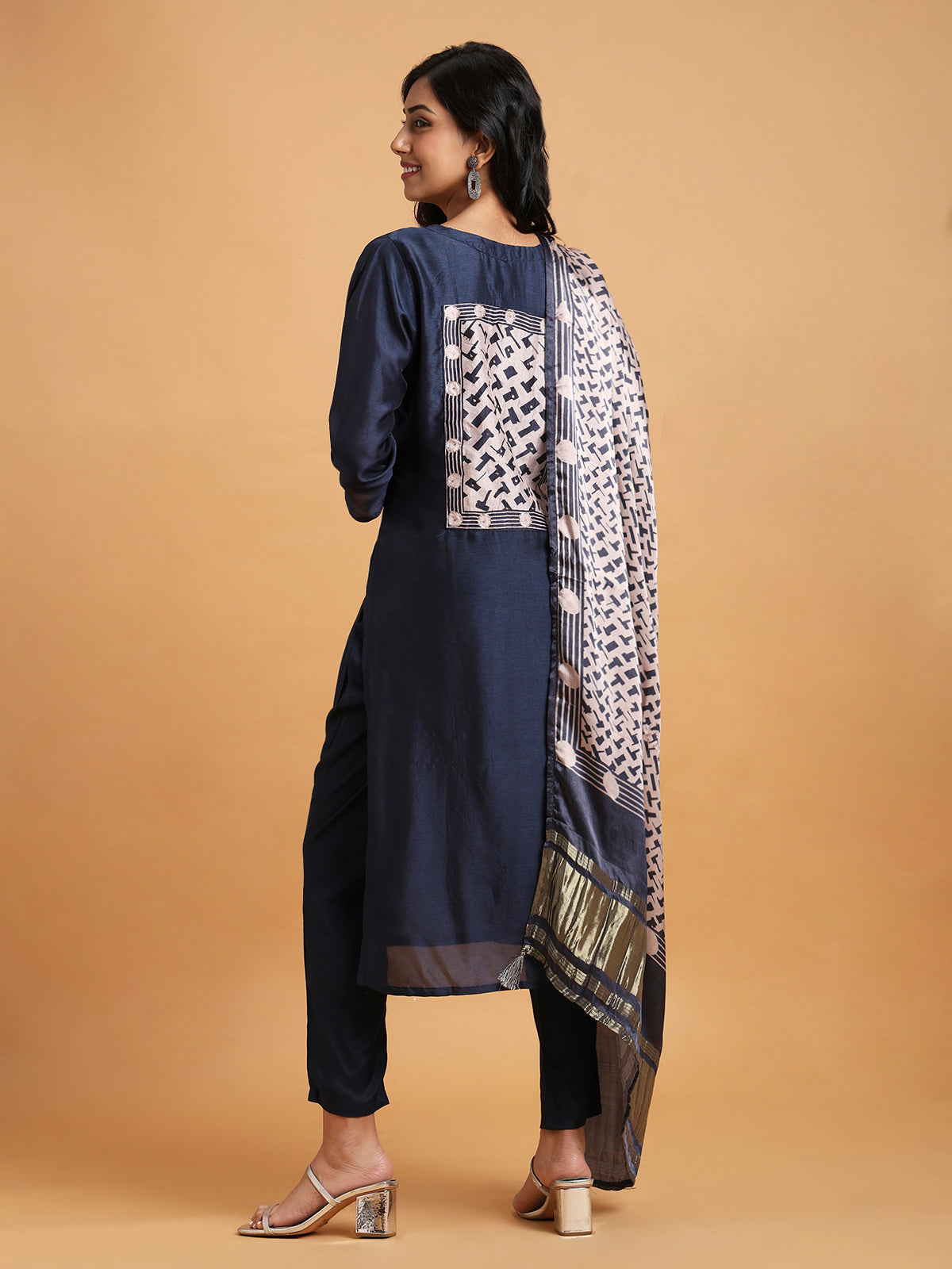 Navy blue kurta set with ivory printed satin dupatta