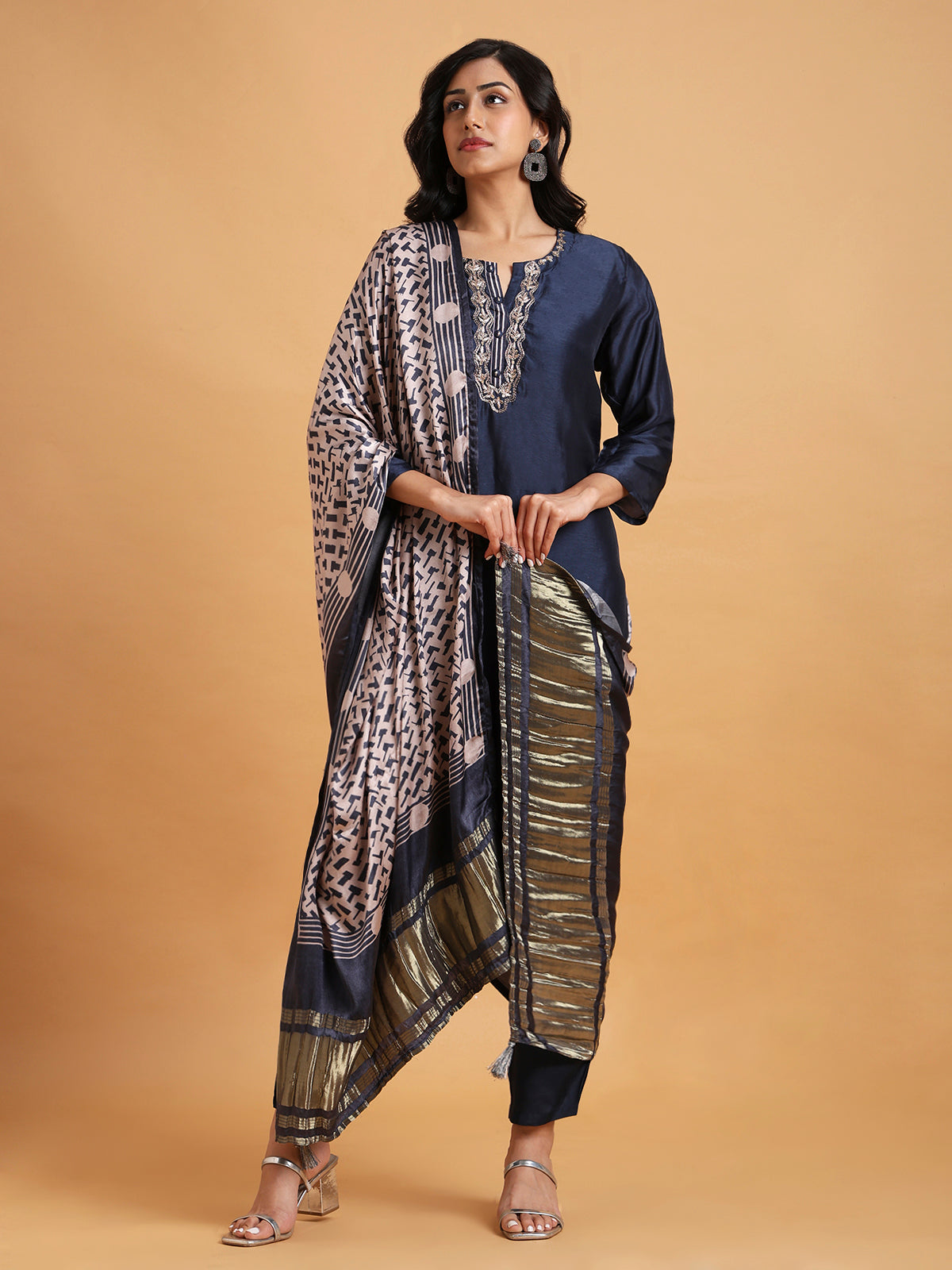 Navy blue kurta set with ivory printed satin dupatta