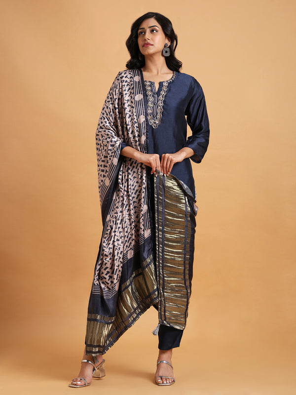 Navy blue kurta set with ivory printed satin dupatta