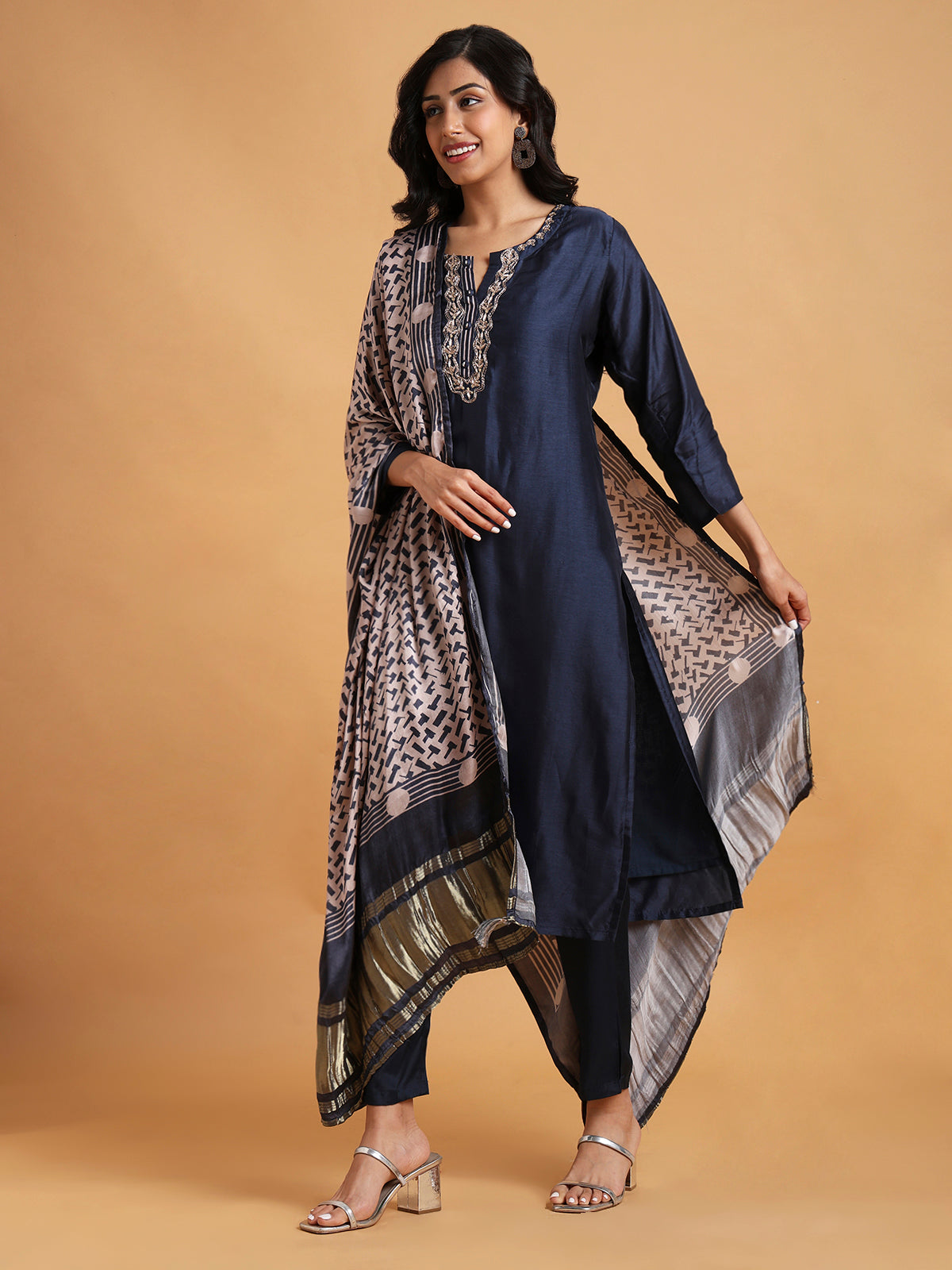 Navy blue kurta set with ivory printed satin dupatta