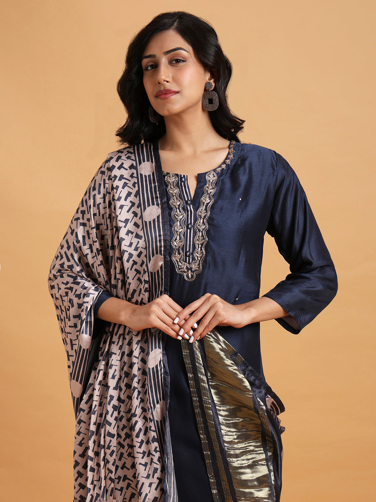 Navy blue kurta set with ivory printed satin dupatta