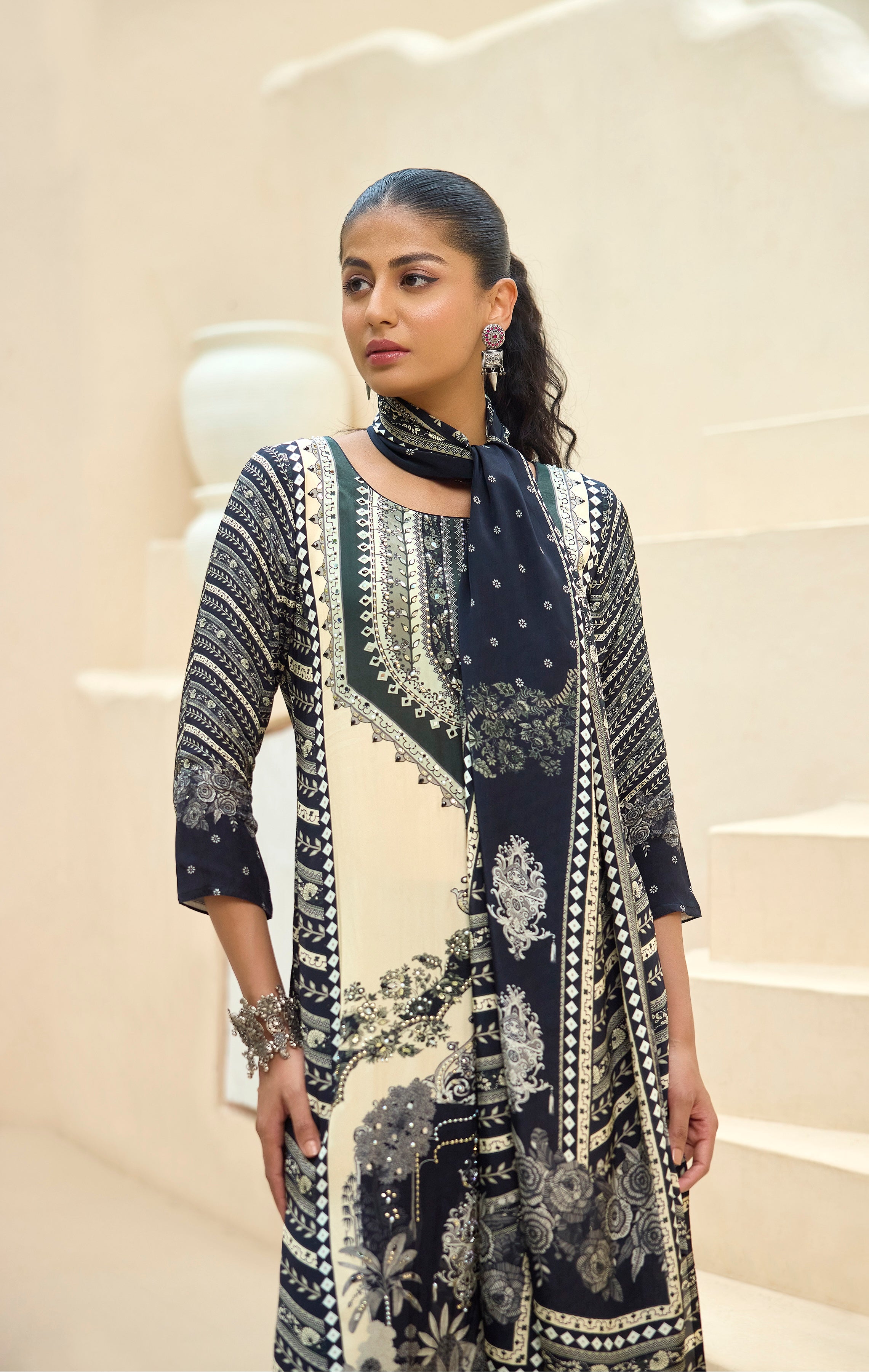 Black and ivory crepe silk printed kurta set with crepe dupatta
