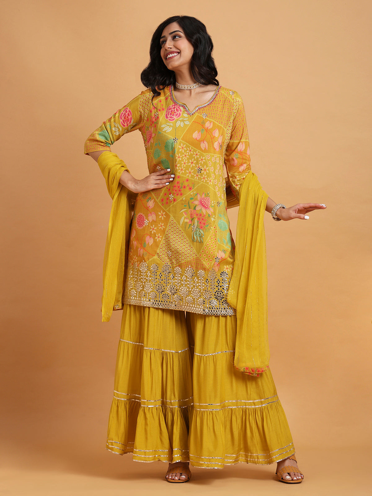 Mustard yellow floral printed sharara set