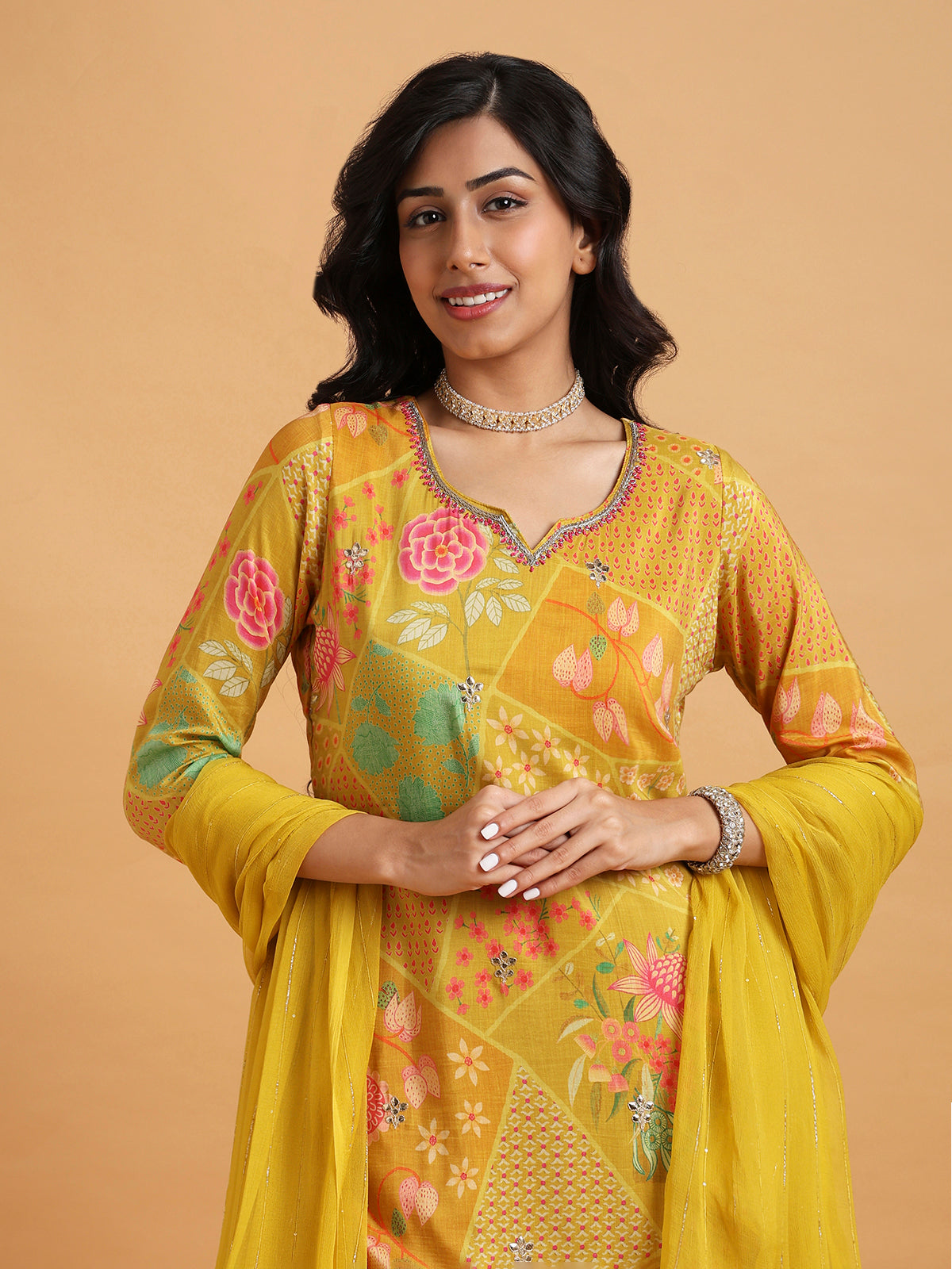 Mustard yellow floral printed sharara set