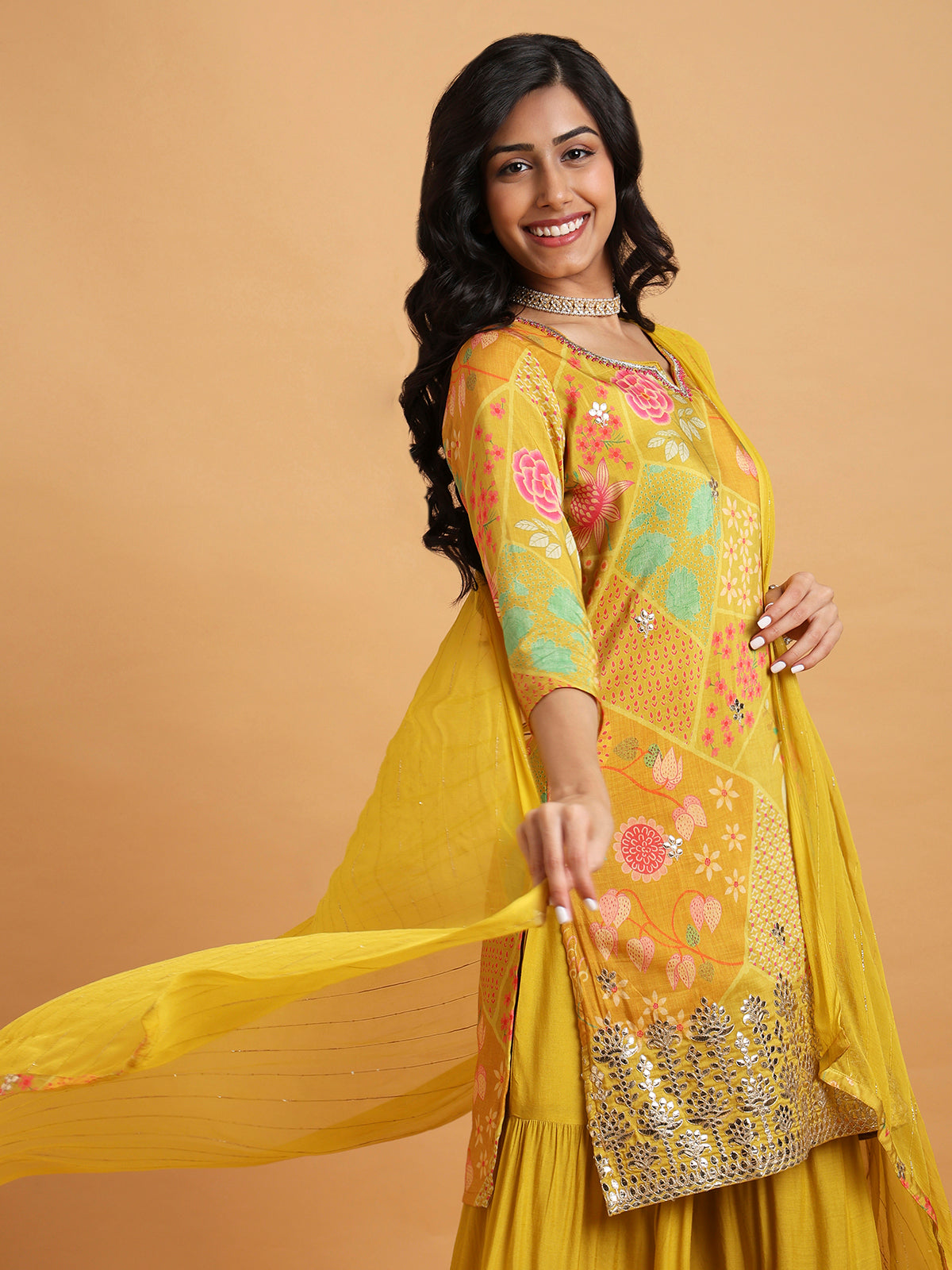 Mustard yellow floral printed sharara set