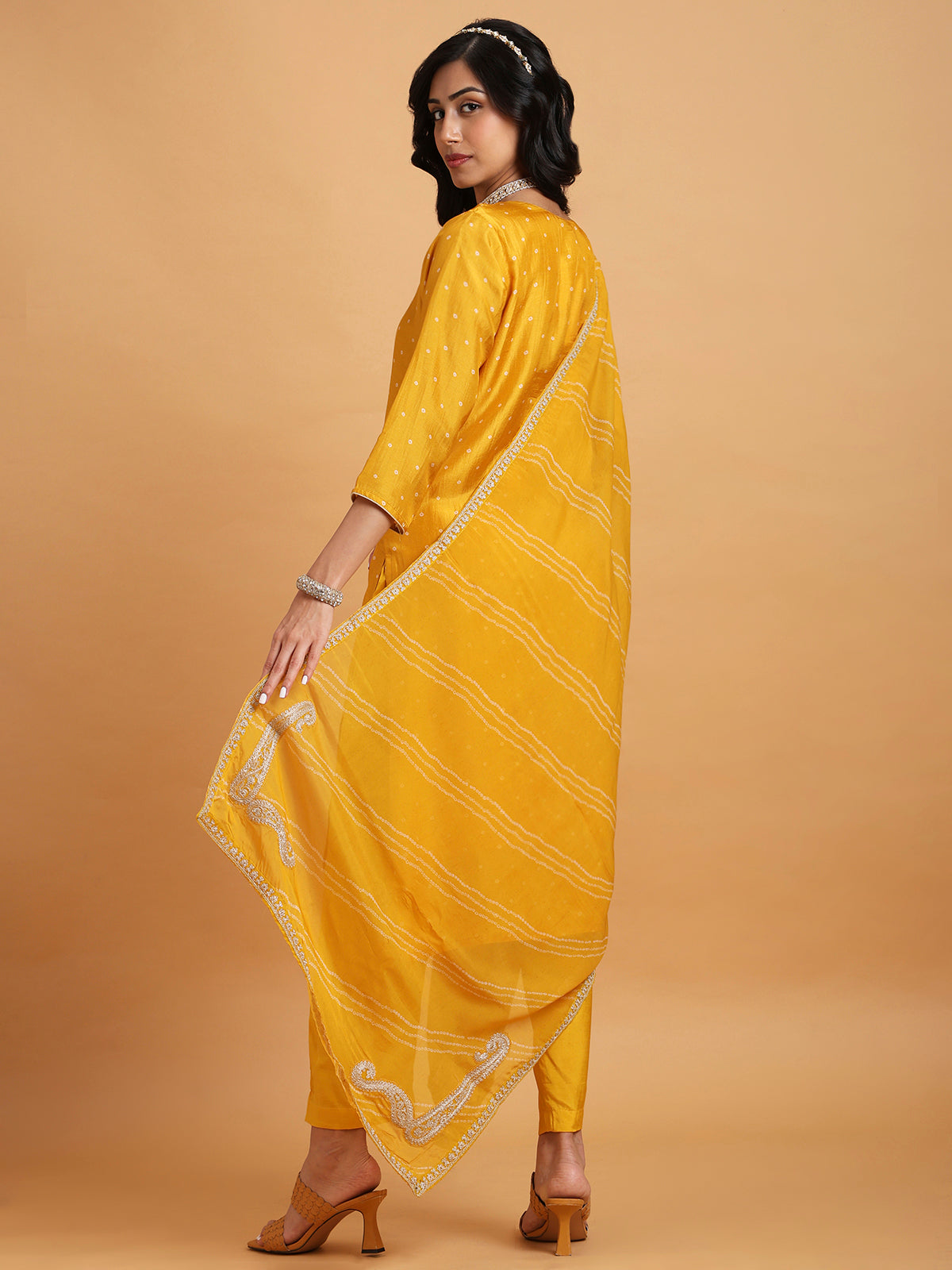 Mango yellow bandhni print paisely embroidered kurta set